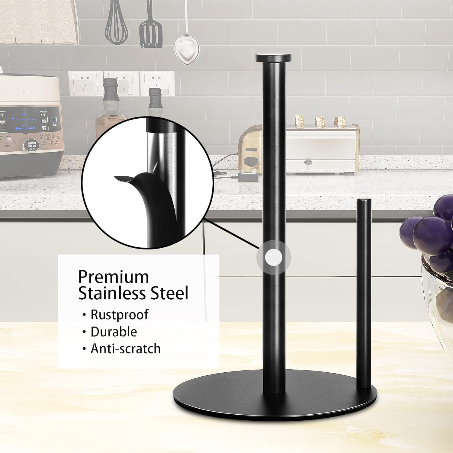 Paper Towel Holder Countertop, Black Kitchen Paper Towel Holder Stand for Kitchen and Bathroom Organization, Stainless Steel Paper Towel Holders for Standard and Large Rolls, Matte Black