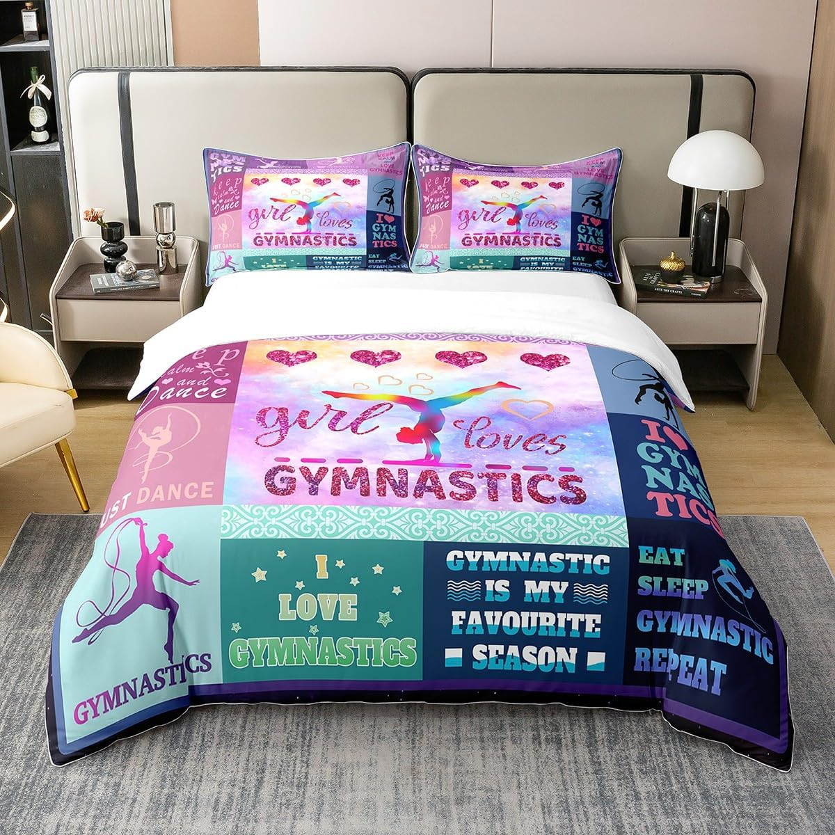 Loussiesd Gymnastics Bedding Set 135 X 200 Cm 100% Cotton Children'S Girls Gymnastics Duvet Cover Set Gifts for Gymnast Lovers Purple Bedding Set image number 1