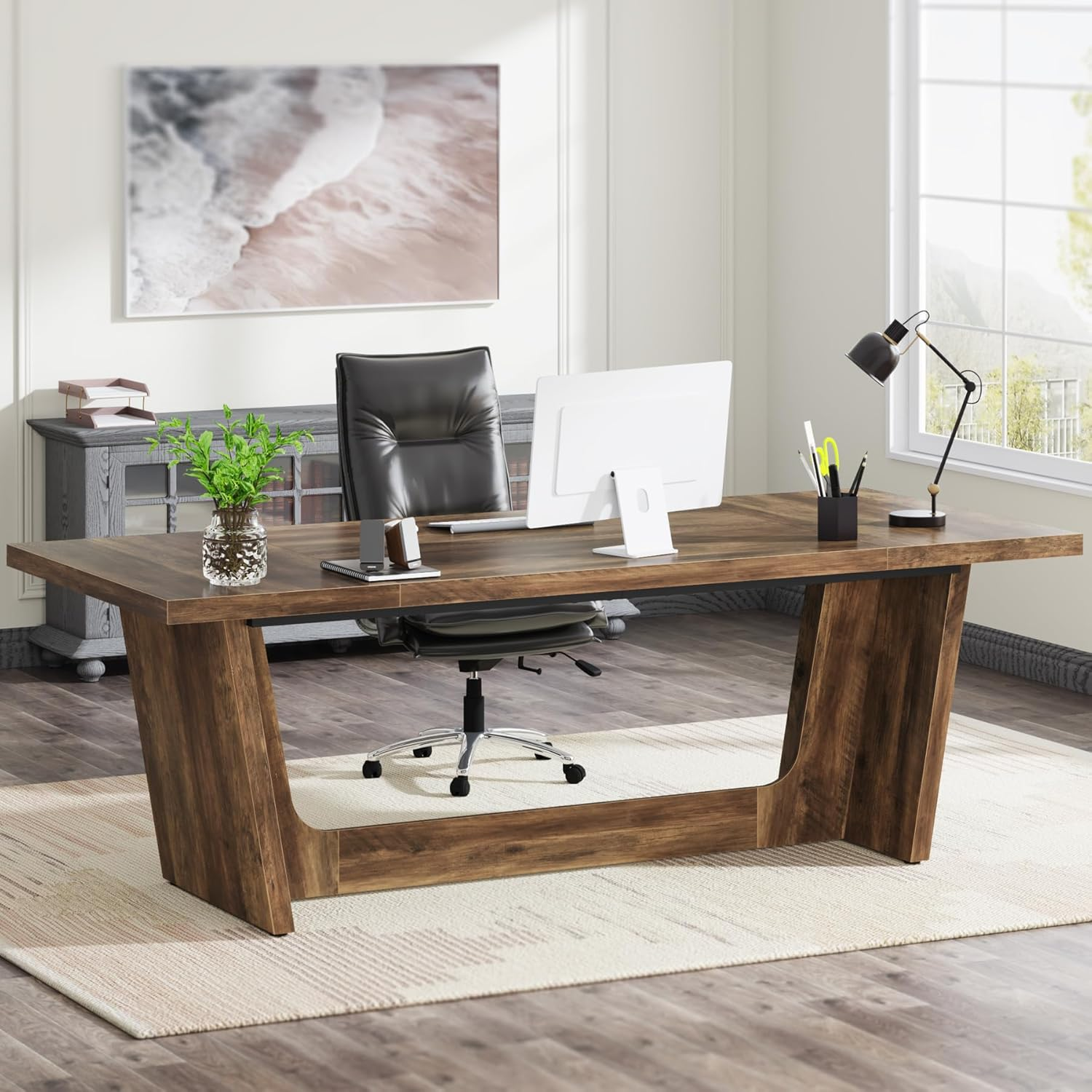 Tribesigns 70.87-Inch Executive Computer Desk, Large Home Office Desk with Solid Wooden Pedestal, Industrial Wood Study Writing Table, Workstation Business Furniture, Brown image number 4