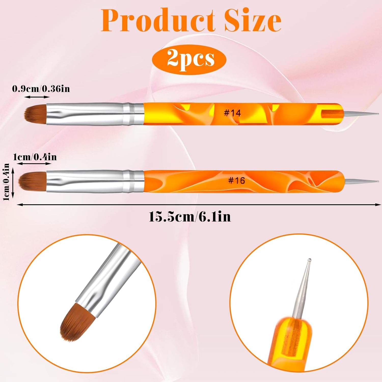 French Gel Acrylic Nail Art Brush with Dotting Tool, 2 Way French Gel Acrylic Nail Art Brush with Dotting Manicure Tool for Professional Manicure Nails Detailed Designs, Size #14 & #16 image number 6