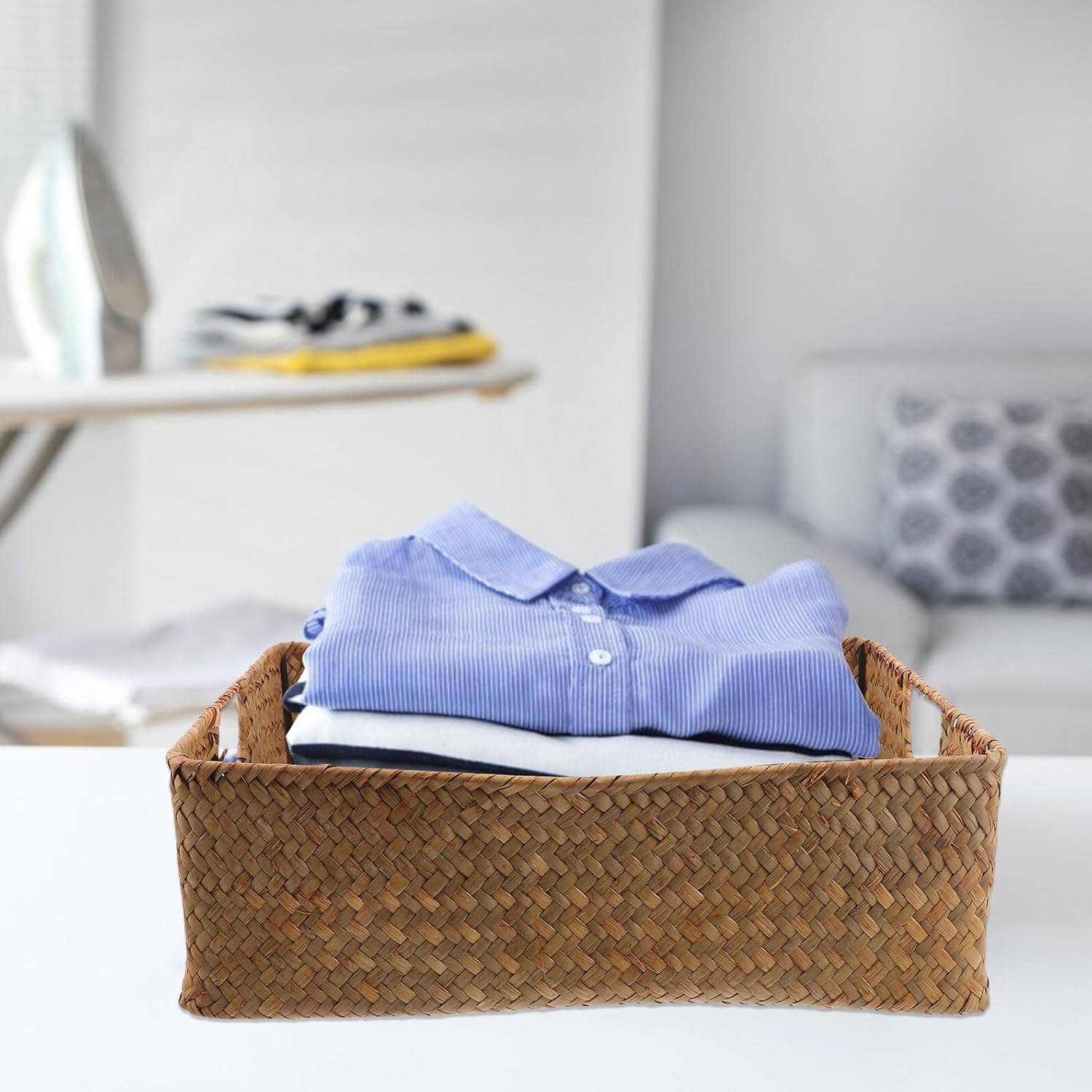 Toyvian Rectangular Storage Basket Wicker Shallow Storage Basket Home Yellow image number 4