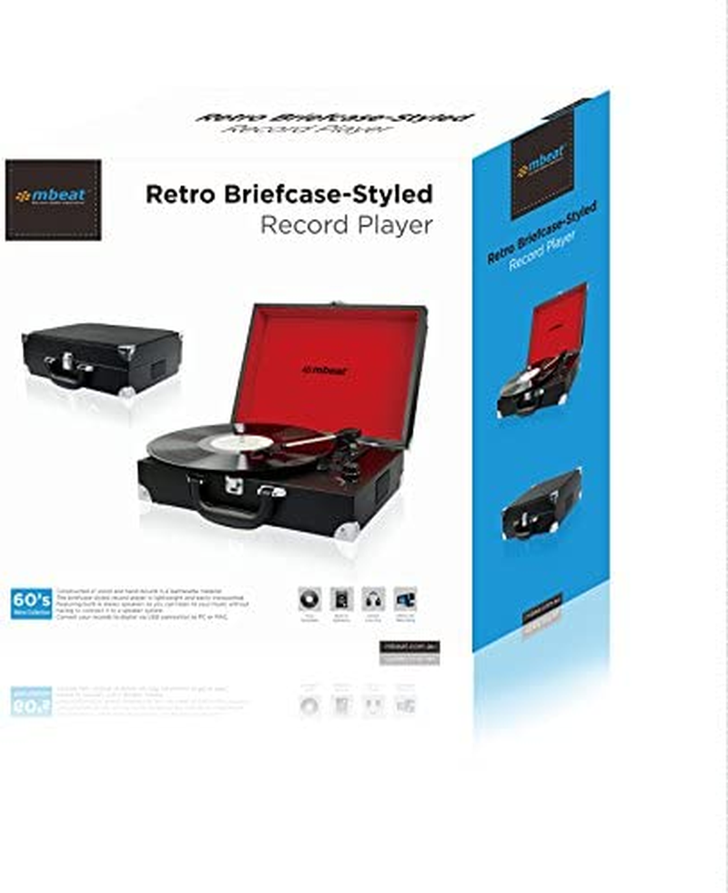 Mbeat Retro Briefcase-Style USB Turntable Record Player Vinyl to MP3 Built-In Stereo Speakers Black