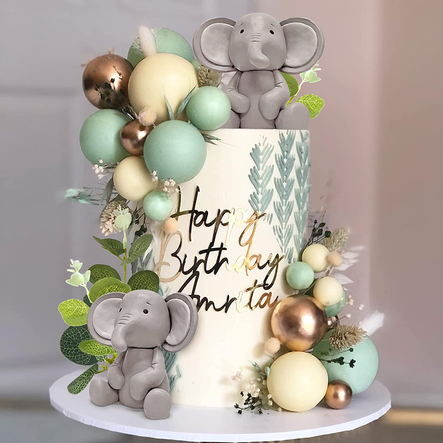26 PCS Elephant Cake Decoration Cute Baby Elephant Cake Decorations Pearl Balls Cake Picks Eucalyptus Leaves Decoration Elephant Baby Shower Cake Decoration image number 4