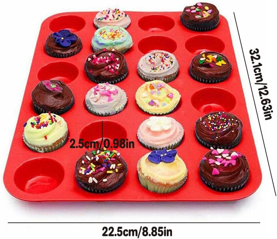 24 Cavity Pan Tray Silicone Mould Mini Cupcake Cookie Baking Mold Muffin Cup,32X22.5Cm, Easy-Release Non-Stick Tray - Red image number 3