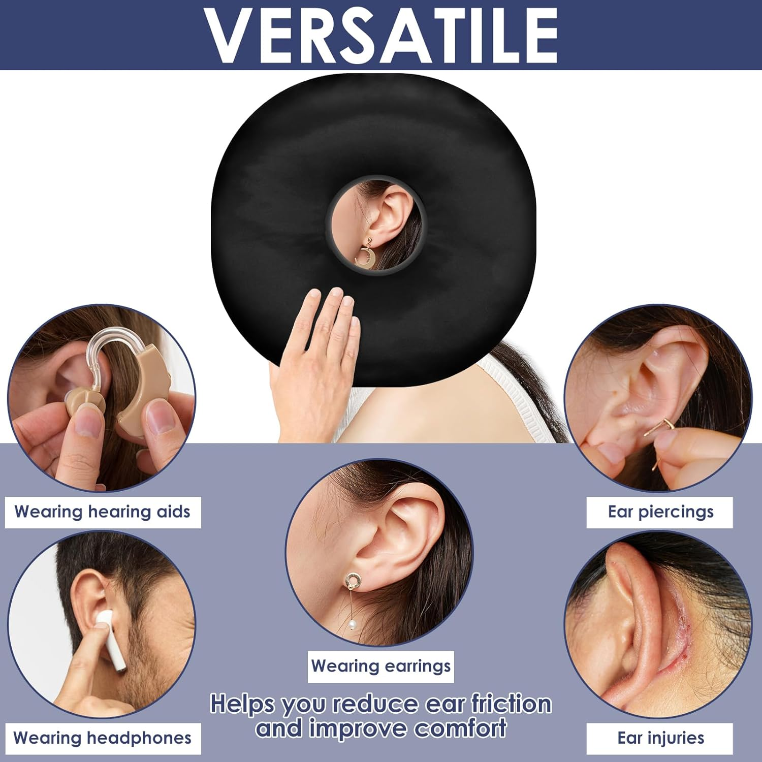 Ear Piercing Pillow Comfortable round Donut Shape Pillow with Ear Hole and Detachable Pillowcase Soft Filling for Side Sleepers.(Black) image number 6