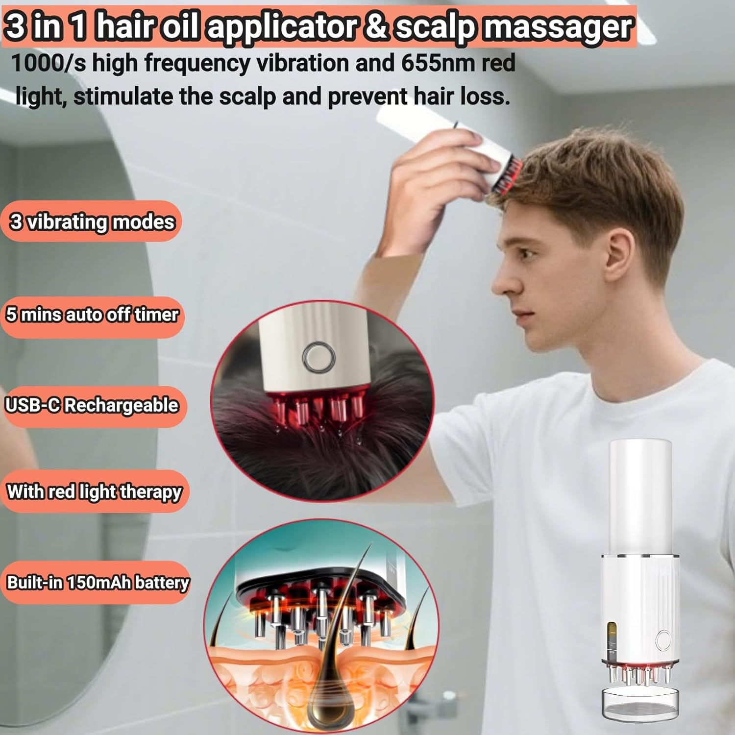 Zilynhom Scalp Massage Brush, Anti-Hair Loss Oil Dispenser with Vibration, 70 Ml Bottle, USB, Gift for Women and Men, Hair Oil Applicator for Minoxidil Hair Growth Serum, Head Massage Oil, Root Comb image number 6