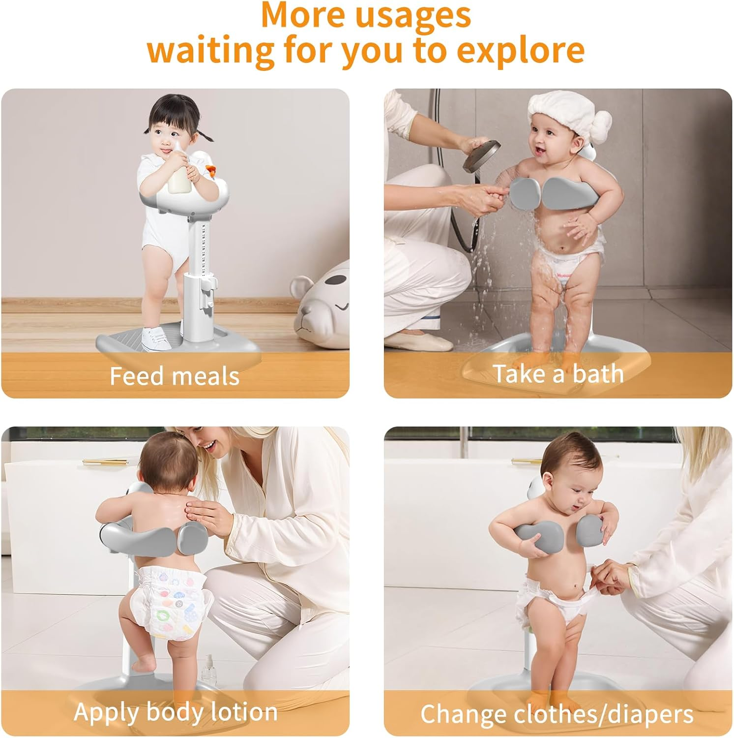 Kinsdan Adjustable Baby Bath Stand with Stool for 12+ Months，Shower Stand with Hand Holder, Baby Standing Bath Anti-Slip and Anti-Pinch Design for Bathing image number 2