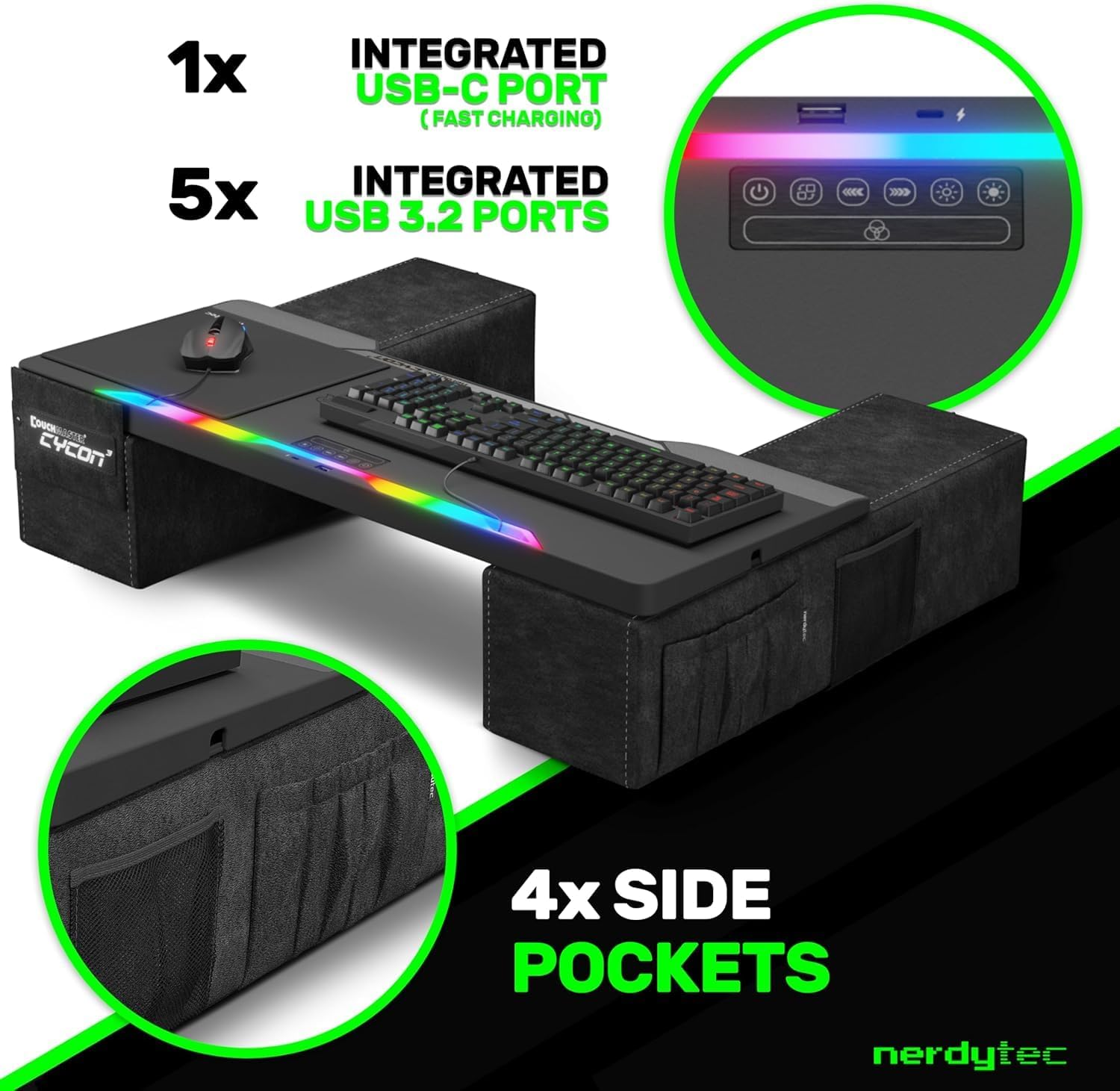 Couchmaster CYCON&sup3; HORIZONLIGHT Bar, Ultimate Ergonomic Usb-Hub Gaming Lap Desk for Couch and Bed, Large, Stable and Compatible with All Keyboards and Mouse/Mice, Lapdesk for Laptop, PC, PS4/5, Xbox - Grey image number 5