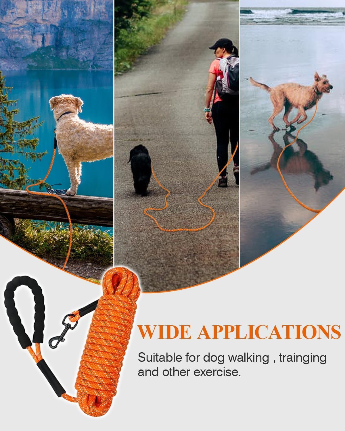 30FT Dog Leash with Training Clicker &ndash; Recall Dog Lead for Training, Walking, Camping &ndash; Durable Nylon with Padded Handle, Reflective Stitching, for Small, Medium & Large Dogs (Orange, 30FT) image number 5