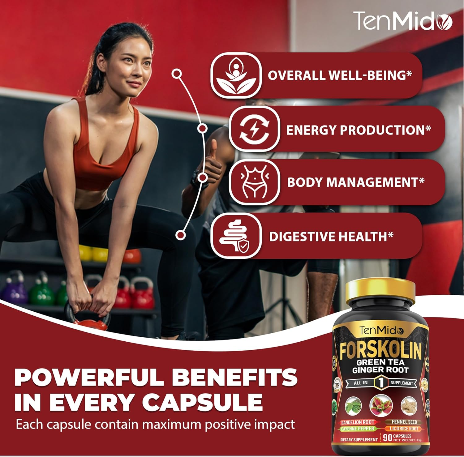 Forskolin Supplement with Green Tea, Ginger Root, Dandelion Root, Cayenne Pepper, Fennel Seed, and Licorice Root - 90 Vegan & Non-Gmo Capsules image number 3