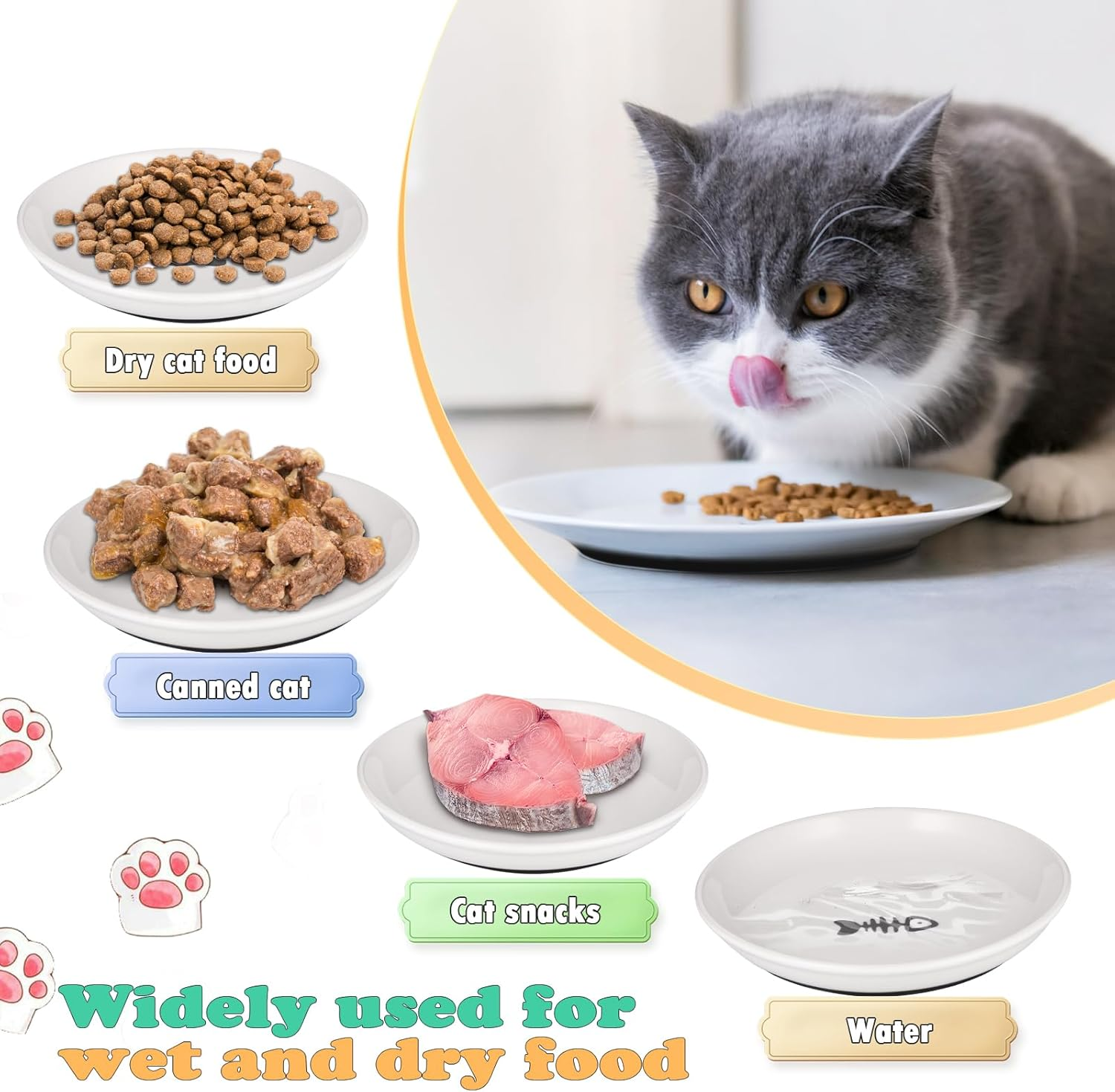 Hejo Pack of 3 Ceramic Cat Bowls, Feeding Bowl for Cat, Non-Slip Feeding Bowl for Cat, Flat Cat Plate, Cat Bowl for Cats image number 5