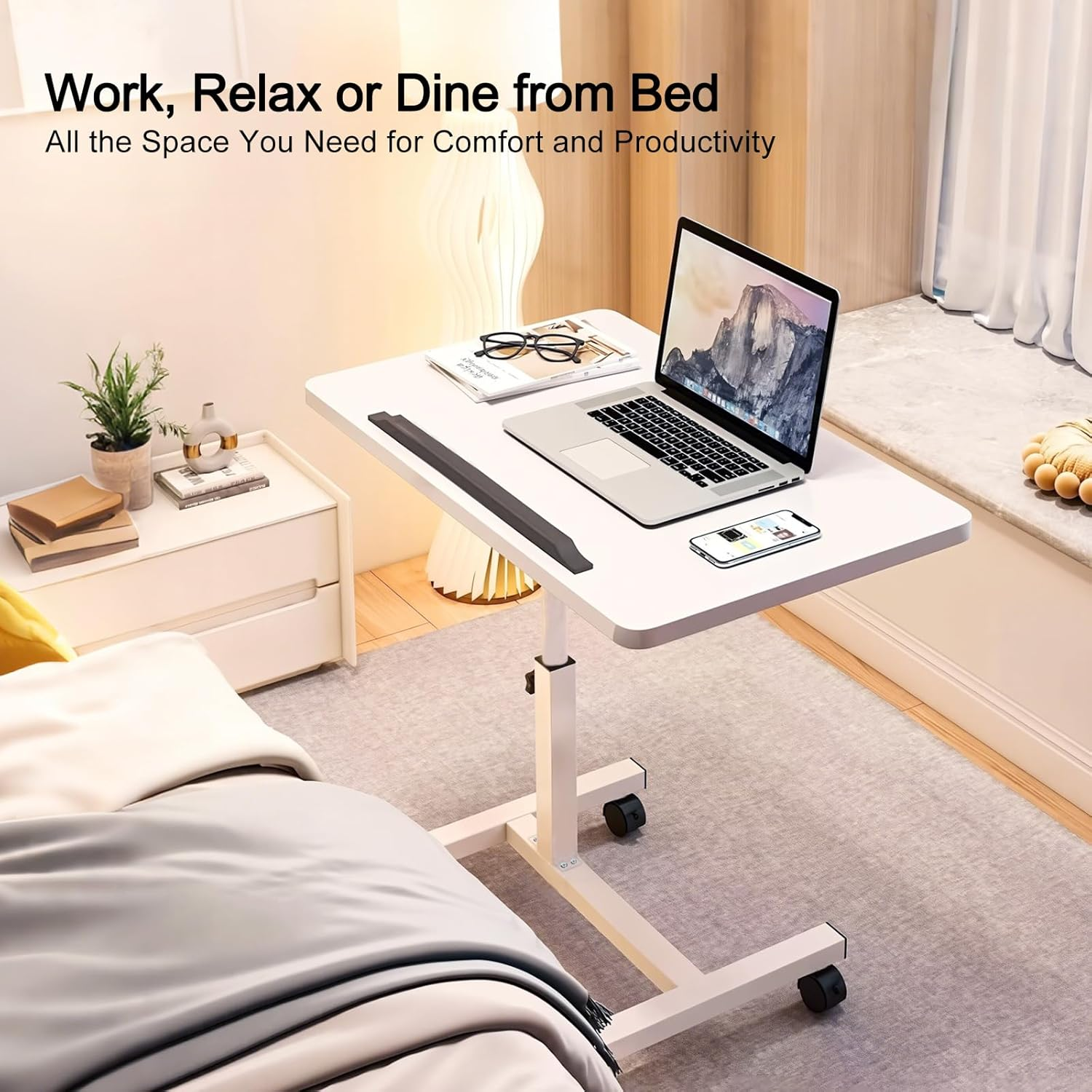 ONEIN Overbed Table with Wheels, Adjustable Laptop Table for Bed Couch Sofa, Portable Standing Desk for Home Office, C Shaped Small Study Table, Tiltable & Stable image number 3