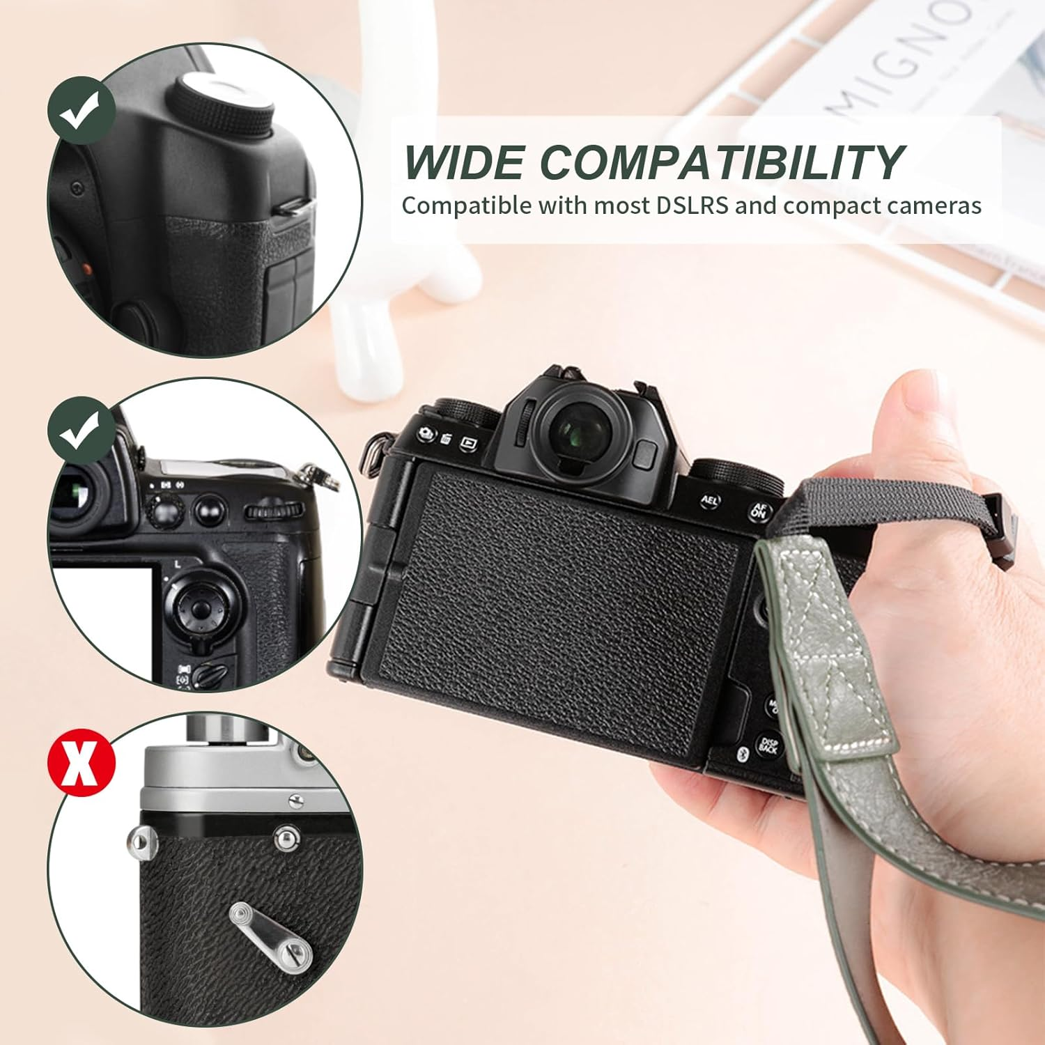 Camera Hand Strap, Adjustable Camera Strap, Universal Camera Strap, Leather Camera Strap, Hand Strap, Camera Accessory for Most Cameras Such as Sony, Canon, Nikon, Fuji (Brown and Green, Pack of 2), image number 3