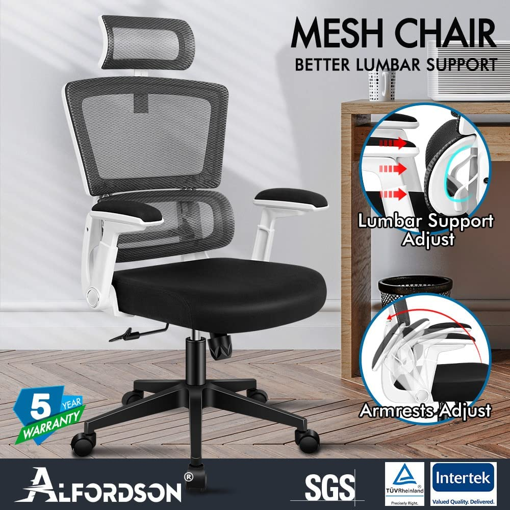 ALFORDSON Mesh Office Chair Swivel Computer Chair with Tilt & Height Adjustment, Ergonomic Executive Office Chair with Built-In Lumbar Support & Tall Backrest, Mesh Fabric Racing Chair (White) - Maxon Dark Grey image number 4