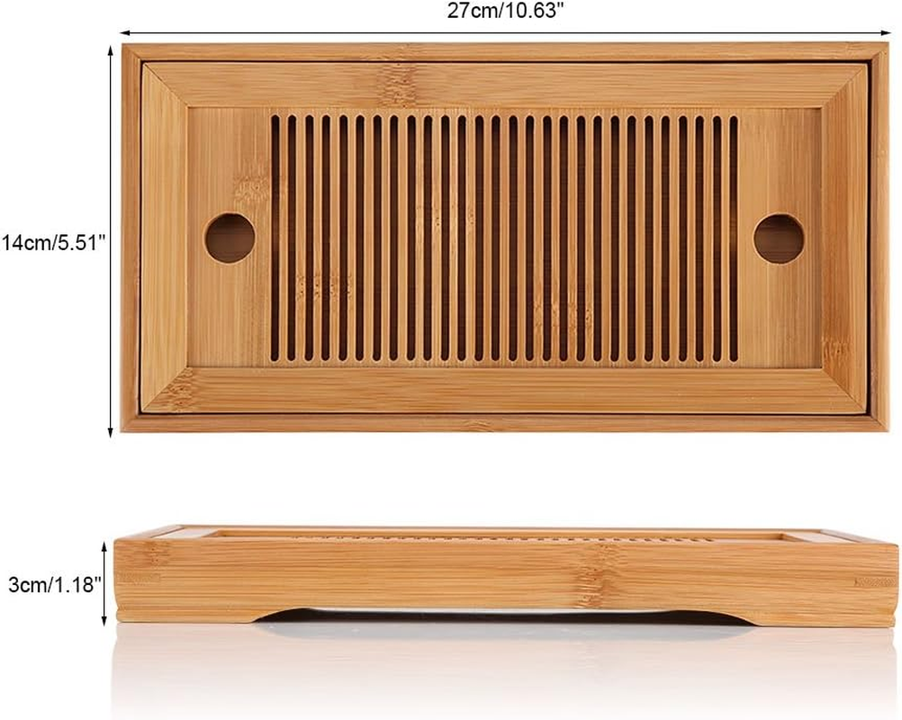 Candeon Bamboo Tea Tray, Chinese Gongfu Tea Tray, Kungfu Tea Table, Double Layer Tea Serving Tray, Tea Tray for Small Tea Set, Tea Serving Table for Tea House, Home Office, 27 X 14 X 3 Cm image number 6