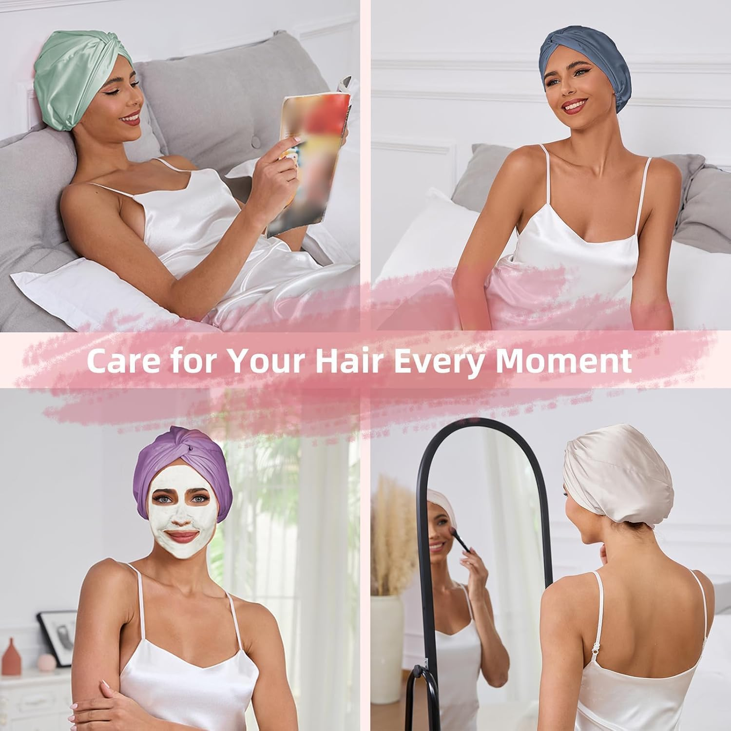 22 Momme 100% Mulberry Silk Bonnet-2Pcs for Sleeping & Women Hair Care, Highest Grade 6A Silk Imitation Hair Wrap for Sleeping with Premium Elastic Stay on Head (Pink) - 2, 2 Black image number 2