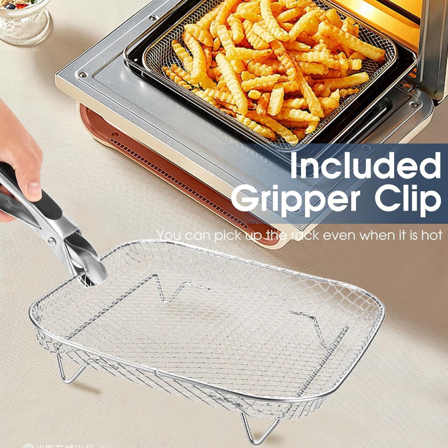 3-Layer Air Fryer Rack,Stainless Steel Stackable Dehydrator Rack with Clipper and 8Pcs Silicone Feet Air Fryer Basket Tray for Baking and Cooking (Square) image number 2