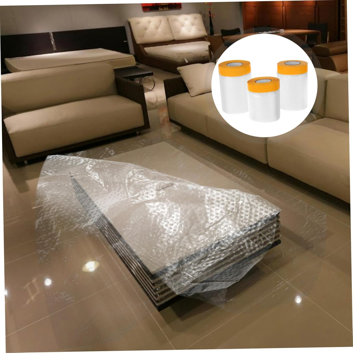 3 Rolls Masking Tape Pre-Taped Paint Protection Film, Dustproof Plastic Sheeting Adhesive for Furniture, Automotive, Wall Covering, 30Cm 40Cm 55Cm Each image number 4