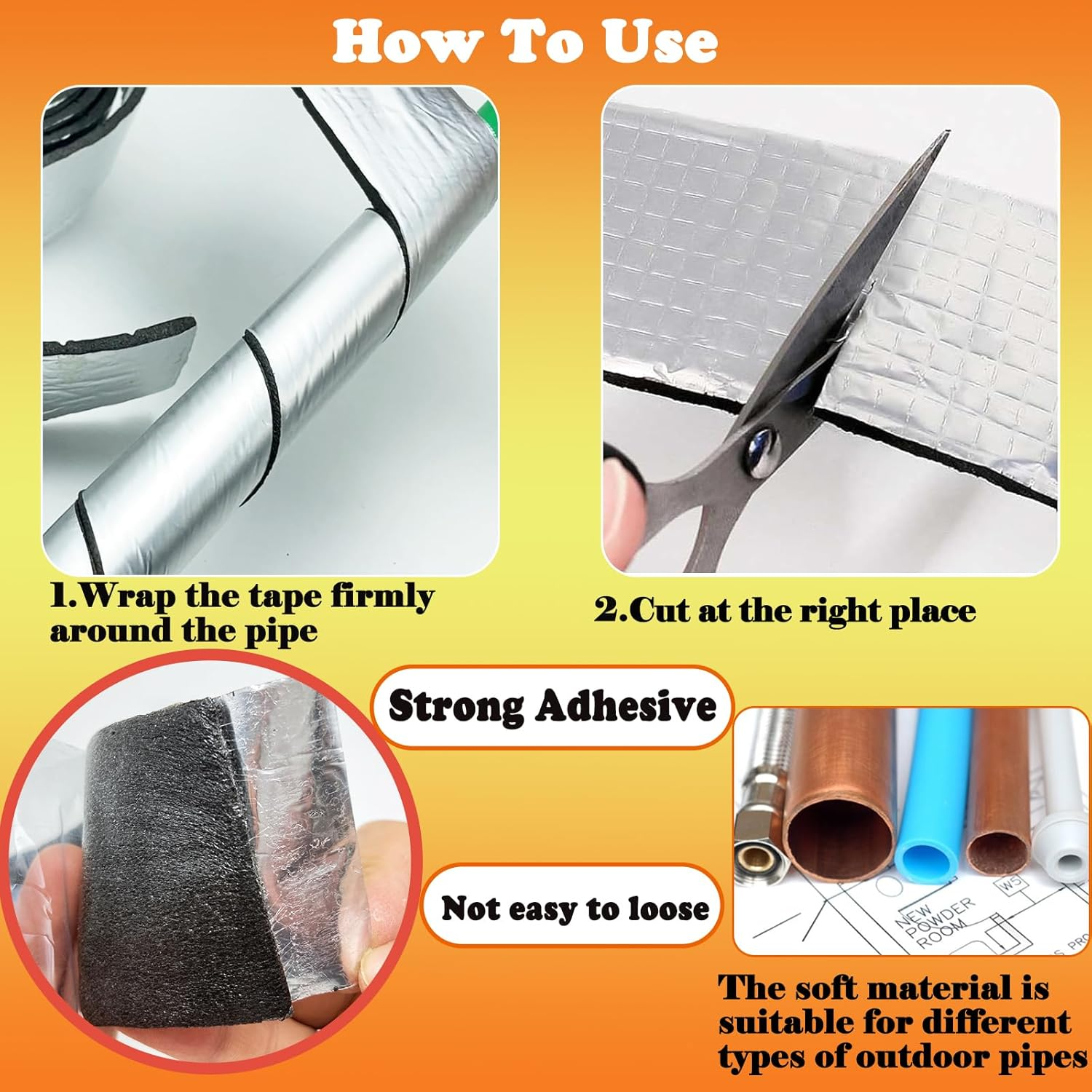 KAIHENG 32.8FT Pipe Insulation Tape Wrap, Aluminum Foil Pipe Foam Insulation Tape, Self Adhesive Outdoor Winter Cold Hot Water Pipe Winterizing, Heat Preservation, 2INX 32.8FT image number 3