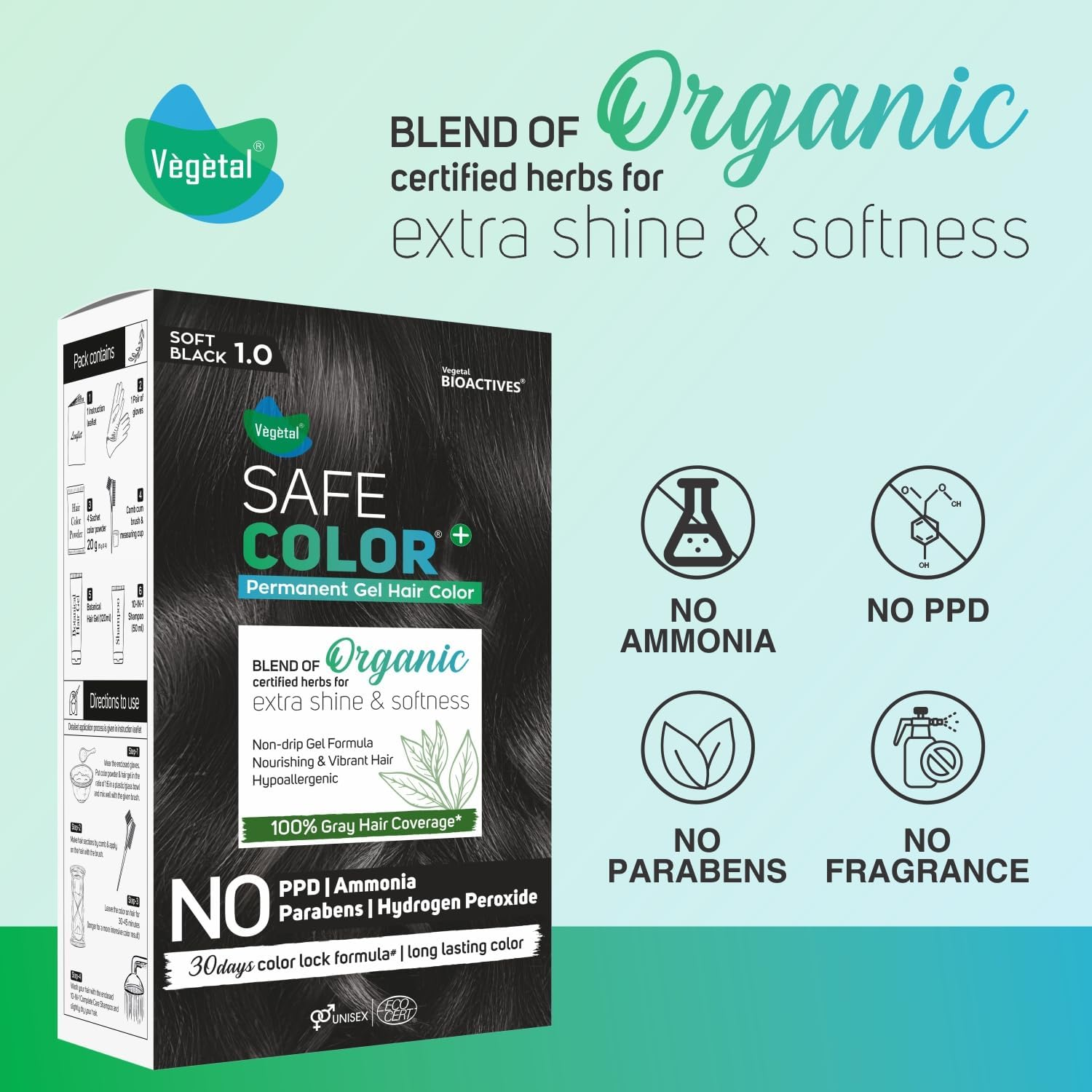 Vegetal Safe Color+ Organic Permanent Gel Hair Color -Soft Black, 190 Ml | No Ammonia, No PPD, No Parabens, No Hydrogen Peroxide Herbal Permanent Hair Dye with 30 Days Lock Formula image number 4