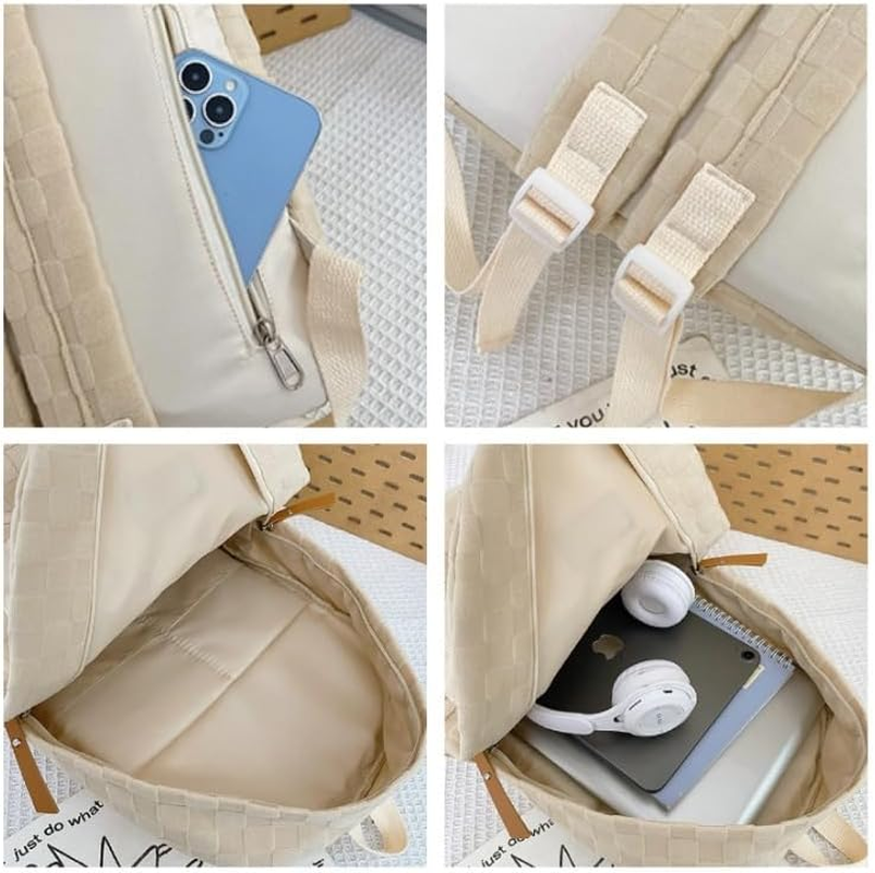 MININAI Aesthetic Checkered Backpack Light Academia Plaid Backpack Cute Preppy Backpack Fit 15.6 Inch Laptop Light Rucksack - Beige image number 5