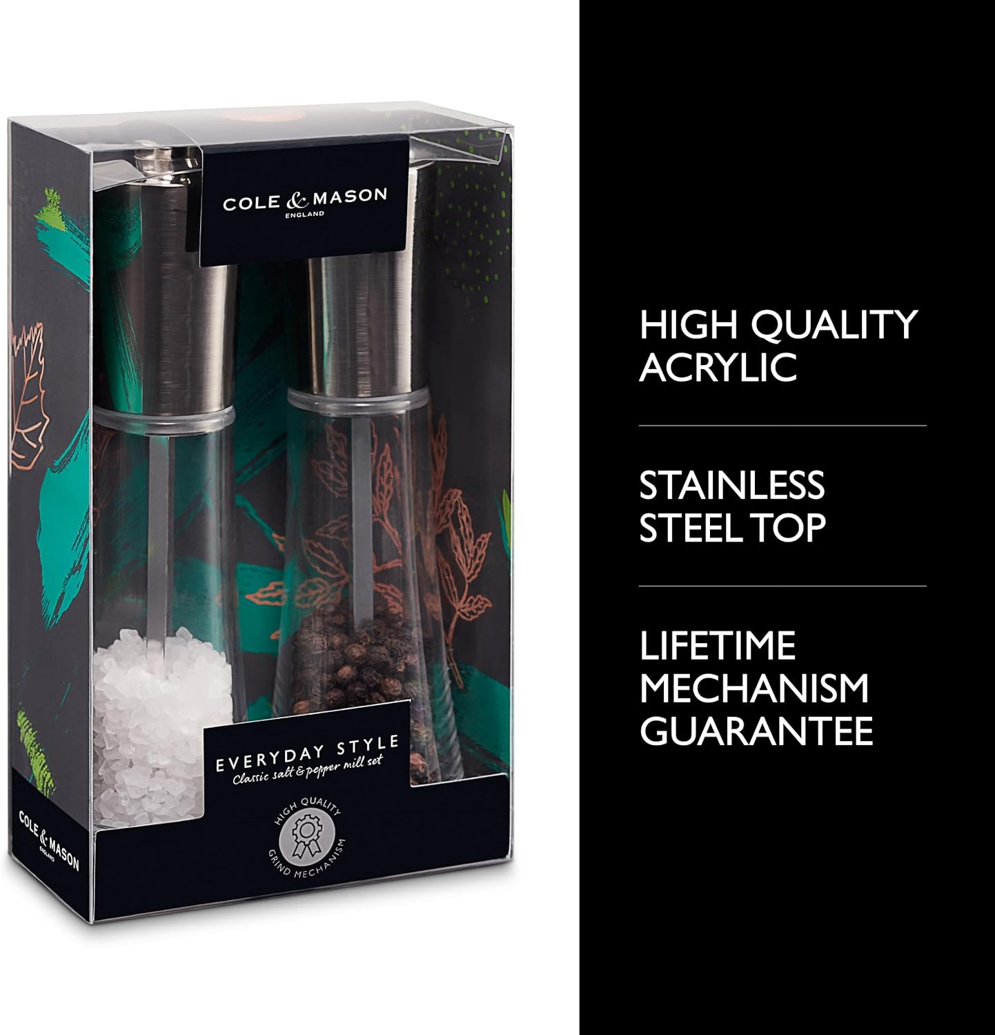 Cole & Mason Salt & Pepper Mill Grinders Gift Set - Adjustable Grind | Pre-Filled with Pepper & Salt | Clear Acrylic and Stainless Steel Design | Easy-To-Refill | Comes with Gift Box | Clear/Black image number 3