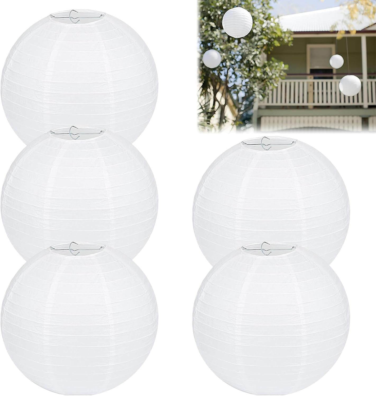 Paper Lanterns, Pack of 5 White Lanterns, Outdoor Weatherproof, Lanterns, Outdoor, Hanging round White Paper Lantern, Lampshade Paper, for Birthday, Baby Shower, Wedding, Party, Garden Decoration