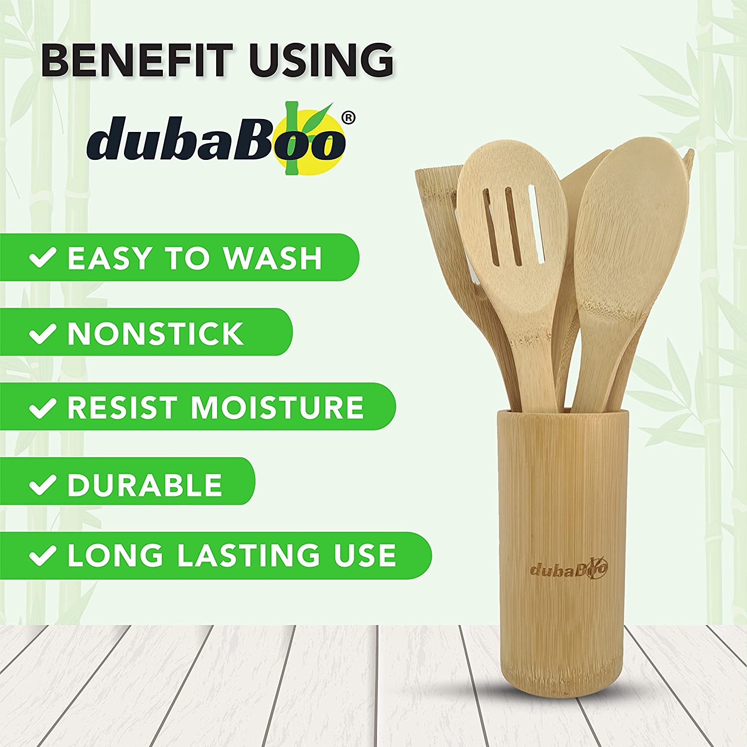 Wooden Spoons Dubaboo for Cooking 6-Piece Bamboo Utensil Set Apartment Essentials Wood Spatula Spoon Nonstick Kitchen Utensil Set Premium Quality Housewarming Gifts Wooden Utensils for Everyday Use image number 1