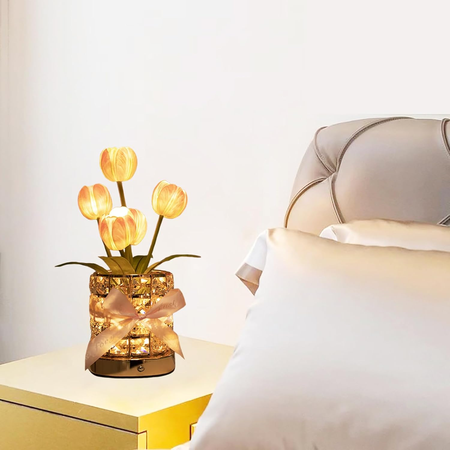 Tulip Crystal Flower Lamps, USB Rechargeable Cordless Lamps, 3 Colors Dimmable Artificial Flowers Light, for Home Date Party Decoration (Tulip Pink) image number 1