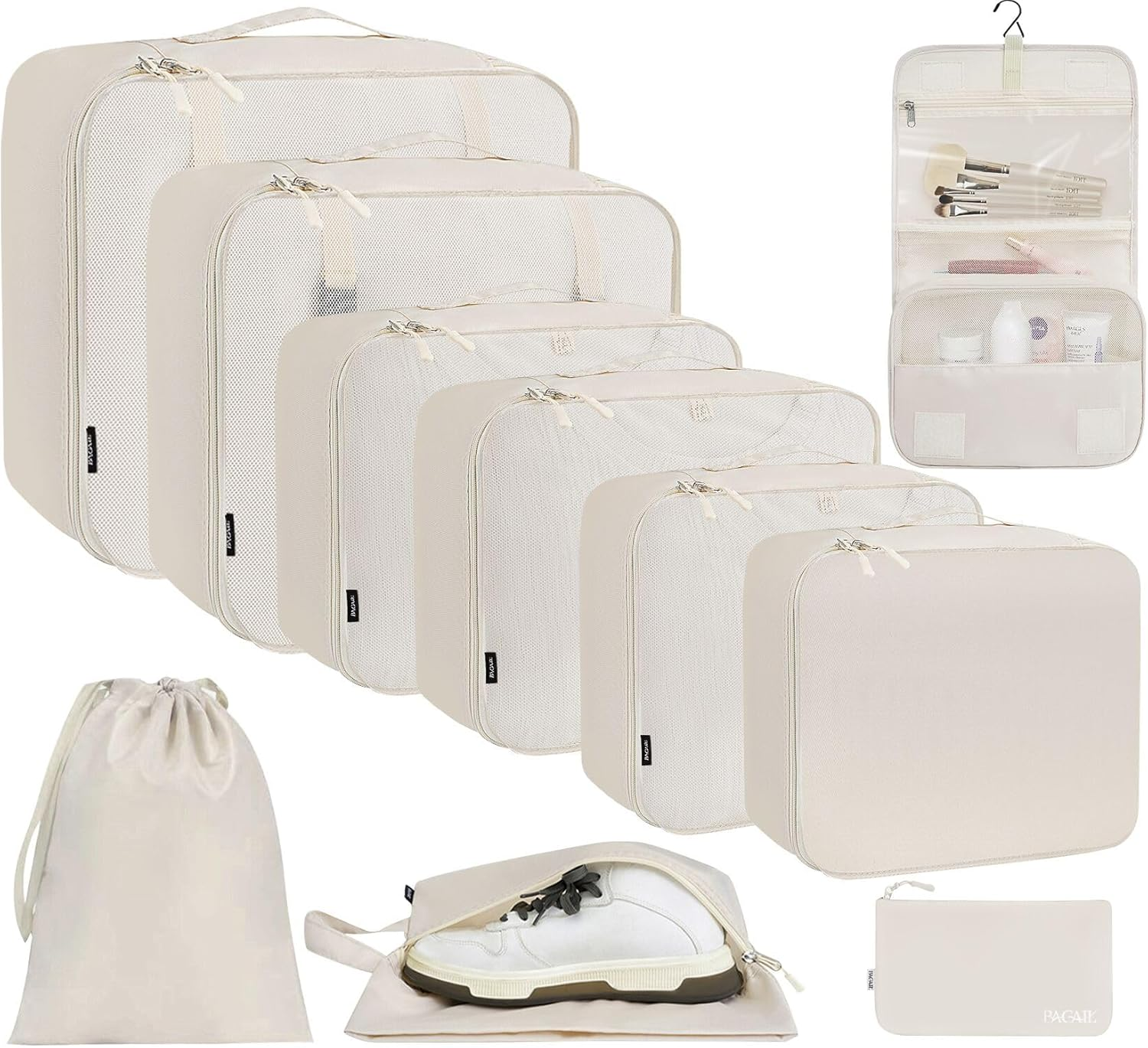 BAGAIL 10 Set Packing Cubes Various Sizes Packing Organizer for Travel Accessories Luggage Carry on Suitcase-Cream