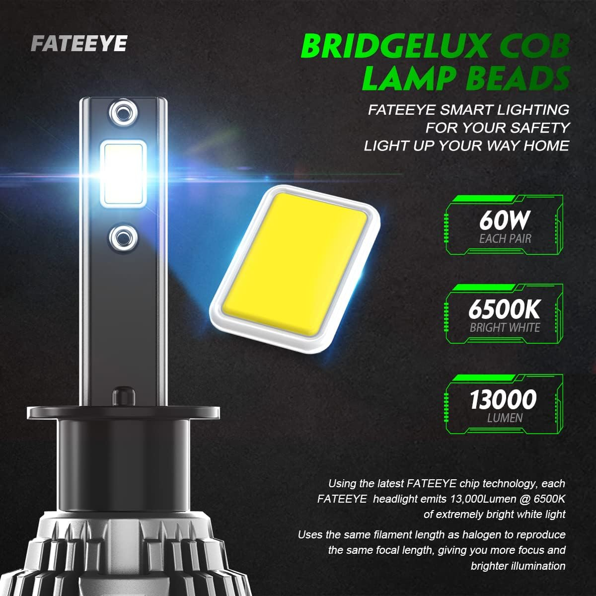 H1 LED Headlight Bulb,13000Lm Super Bright LED Car Headlight Conversion Kit, 60W Top-Level Chip, Turbo Fan Desigh Halogen Headlight Replacement Temperature Control, 6500K, Plug and Play (H1) image number 6