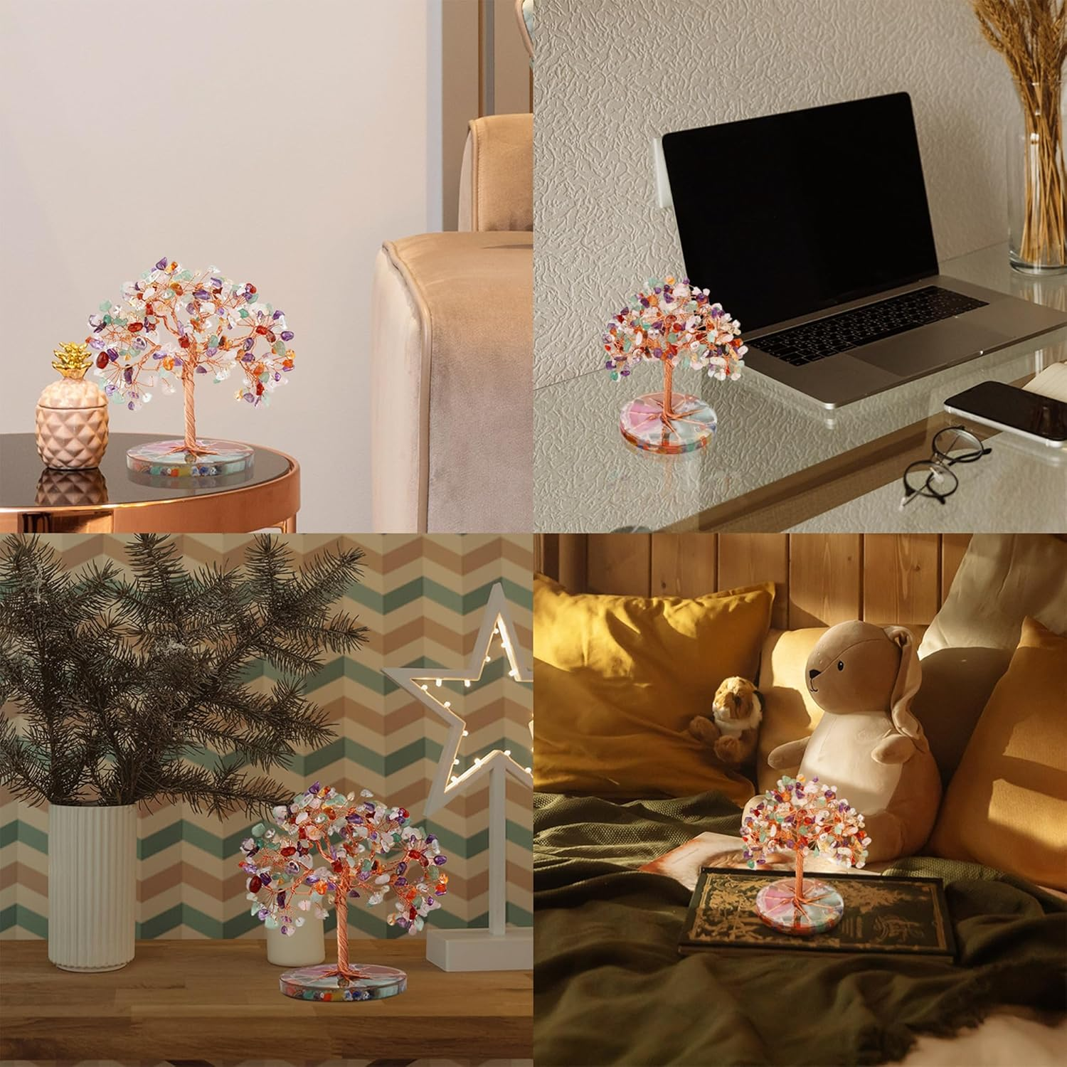 Zenbless 7 Chakra Healing Crystals Stones Tree, Colorful Crystal Stone Leaf Wire Wrapped on Natural Agate Slice Base, Home Office Desk Living Room Feng Shui Decoration for Wealth and Luck