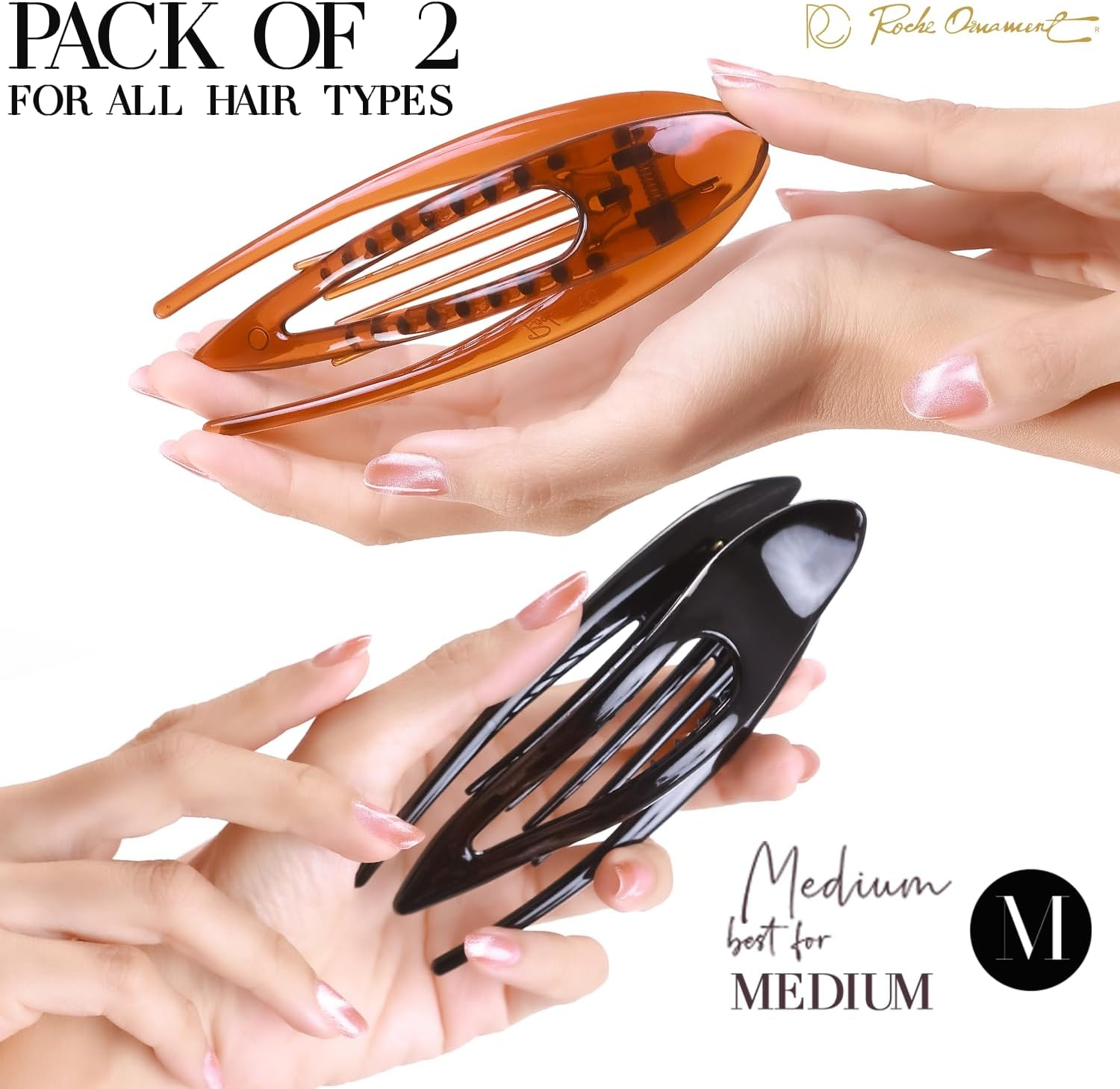 RC ROCHE 2 Pcs Flat Hair Clips Big Claw for Thick Hair French Duckbill Women No Slip Side Slide Curved Alligator Concord Strong Grip Hold Volume Lay down Clamp, Medium Black & Brown image number 4