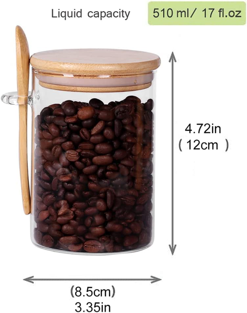 Glass Jars with Airtight Bamboo Lid and Spoon, Overnight Oats Containers Glass Food Storage Jars, Coffee Beans Tea Flour Sugar Nuts Candy Bath Salts Loose Tea Coffee Containers 17 OZ Liquid (3PCS)