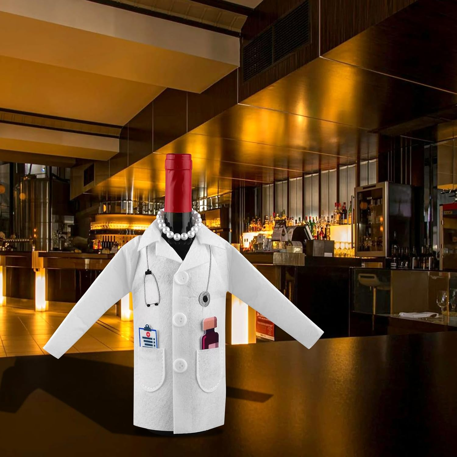 White Coat Wine Bag, Felt Nurse White Jacket Wine Bottle Cover with Syringe Chain Thermometer Funny Wine Packing Clothing Cover Nurse Practice Gifts for Men Women Graduation, Bronze image number 5