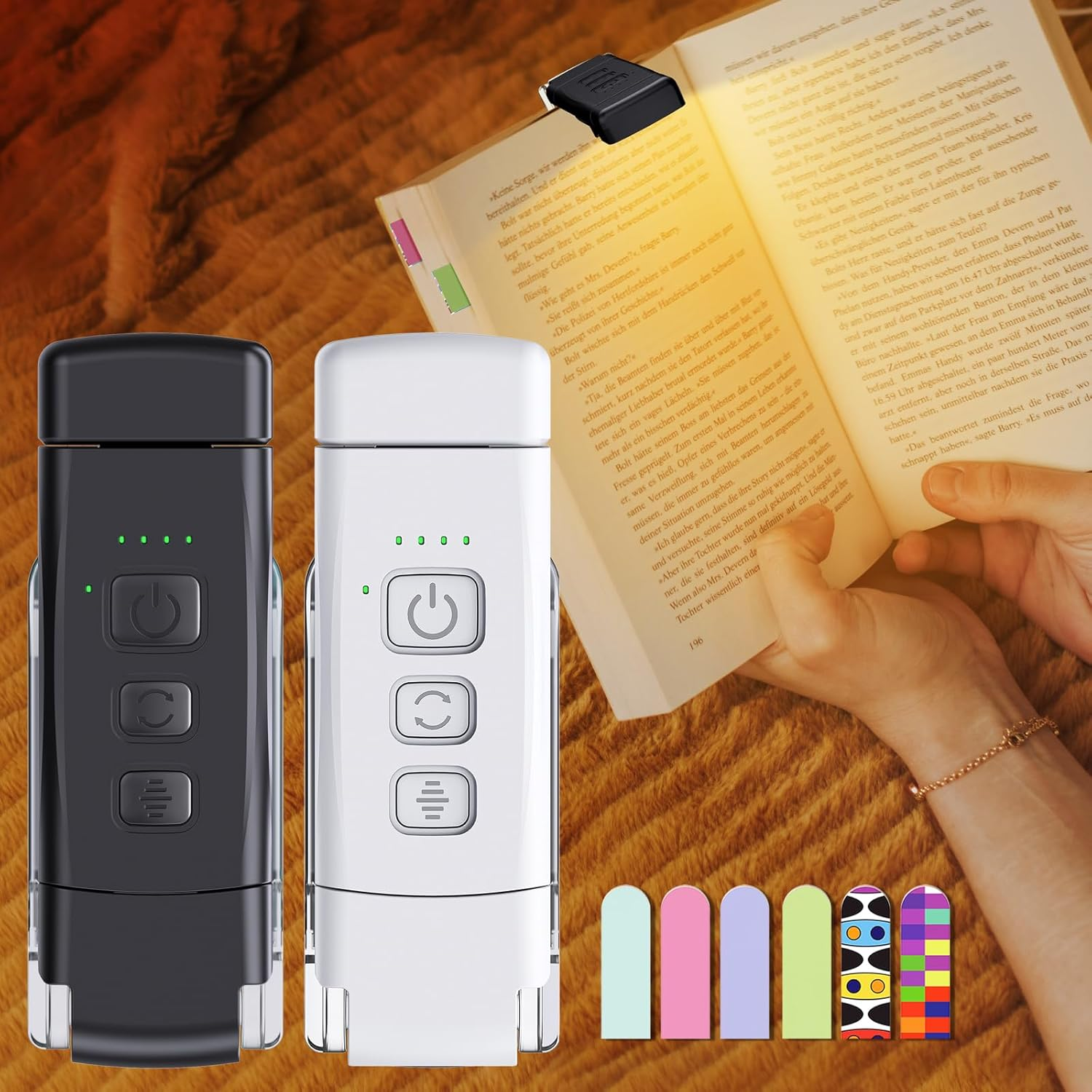 LUOLED 2-Pack Reading Light with 6 Bookmark, Rechargeable, Portable, Clamp Base, 30/60 Minutes Timer, 3 Color Modes & 5 Brightness Adjustments, Eye Care, Blue, Plastic