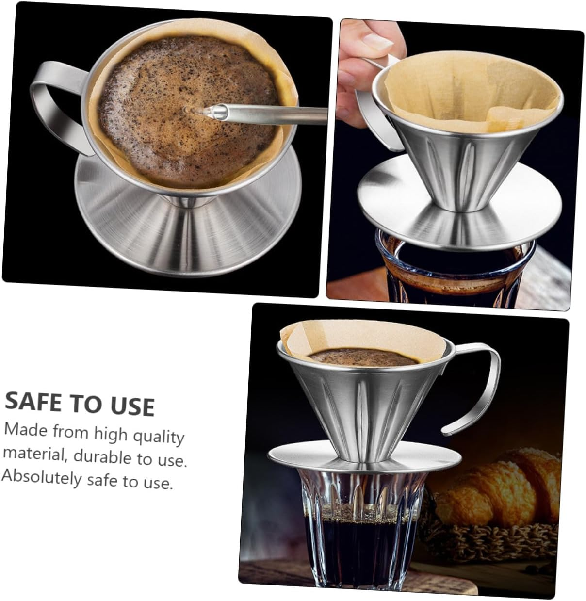 GAXIRE Stainless Steel Coffee Filter and Tea Strainer Reusable Drip Funnel with Handle and Base for Home Brewing image number 2
