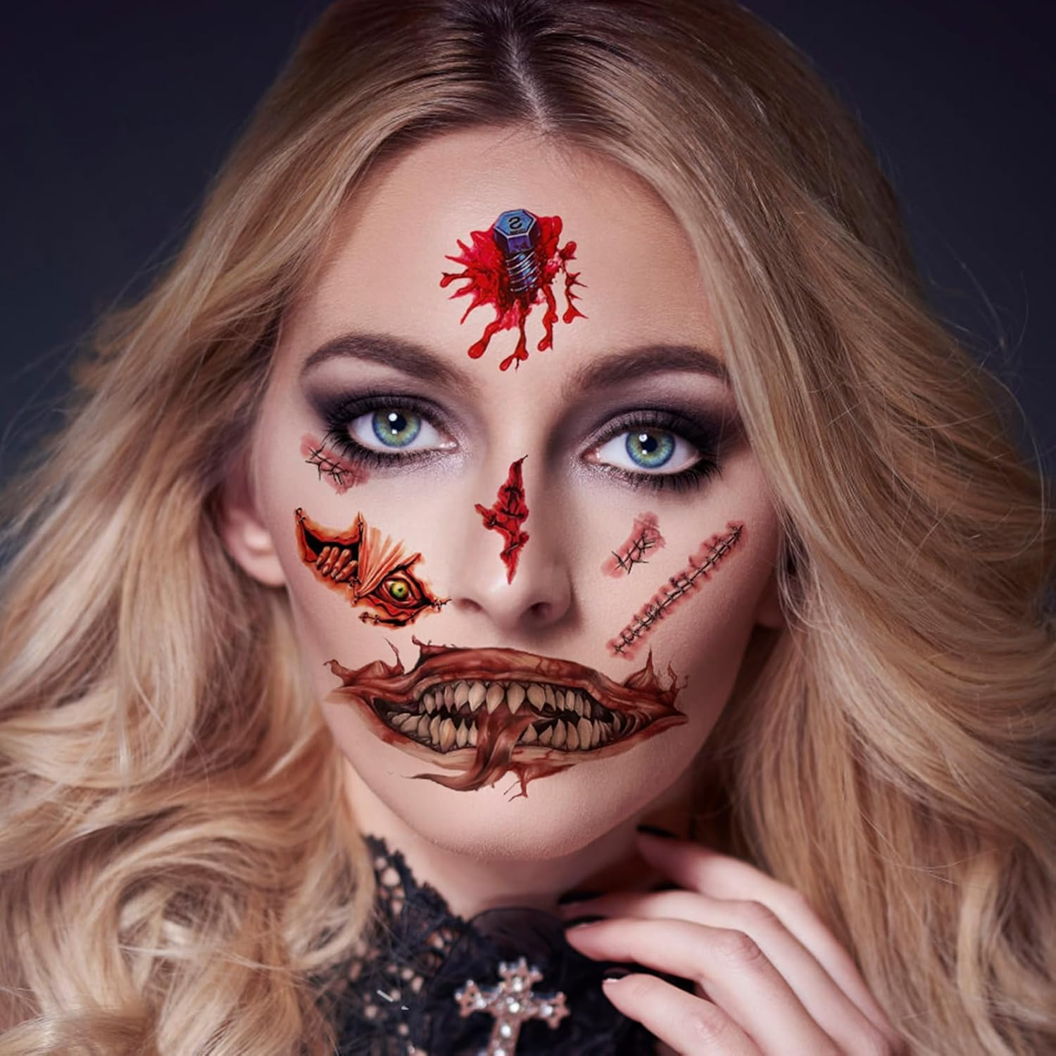 Halloween Temporary Tattoos Zombie Prank Make up Accessories, 20 Sheets Horror Big Mouth Face Tattoos Scars Wound Bloody Stickers Realistic Fake Tattoo for Adults Halloween Cosplay Face Body Art image number 3