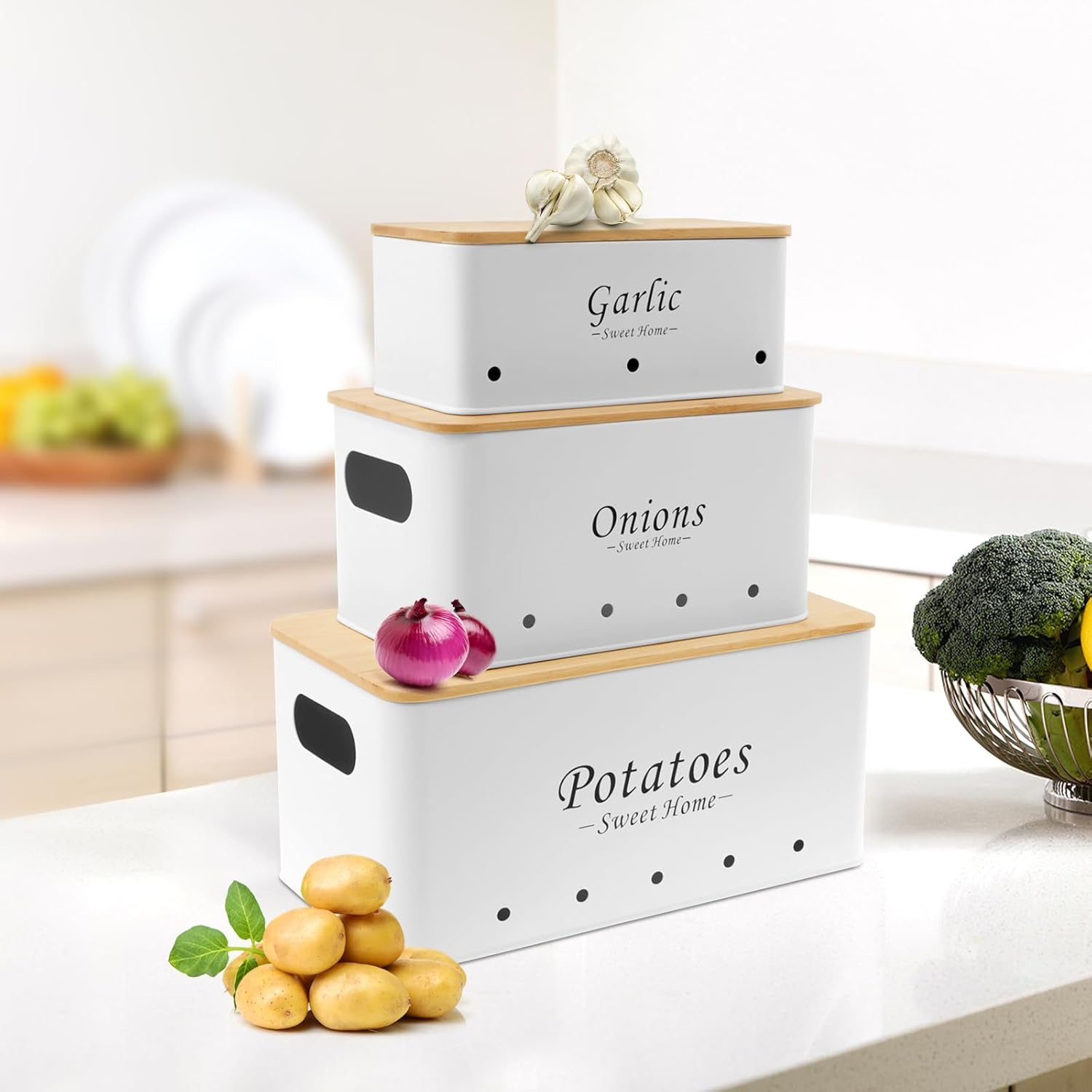 3 Pcs Potato and Onion Garlic Storage Bin, Kitchen Vegetable Storage Containers, Potato Onion Garlic Jars with Vent Hole, Carbon Steel Onion Storage Bin, Onion Garlic Storage Box Set (White) - Black image number 5