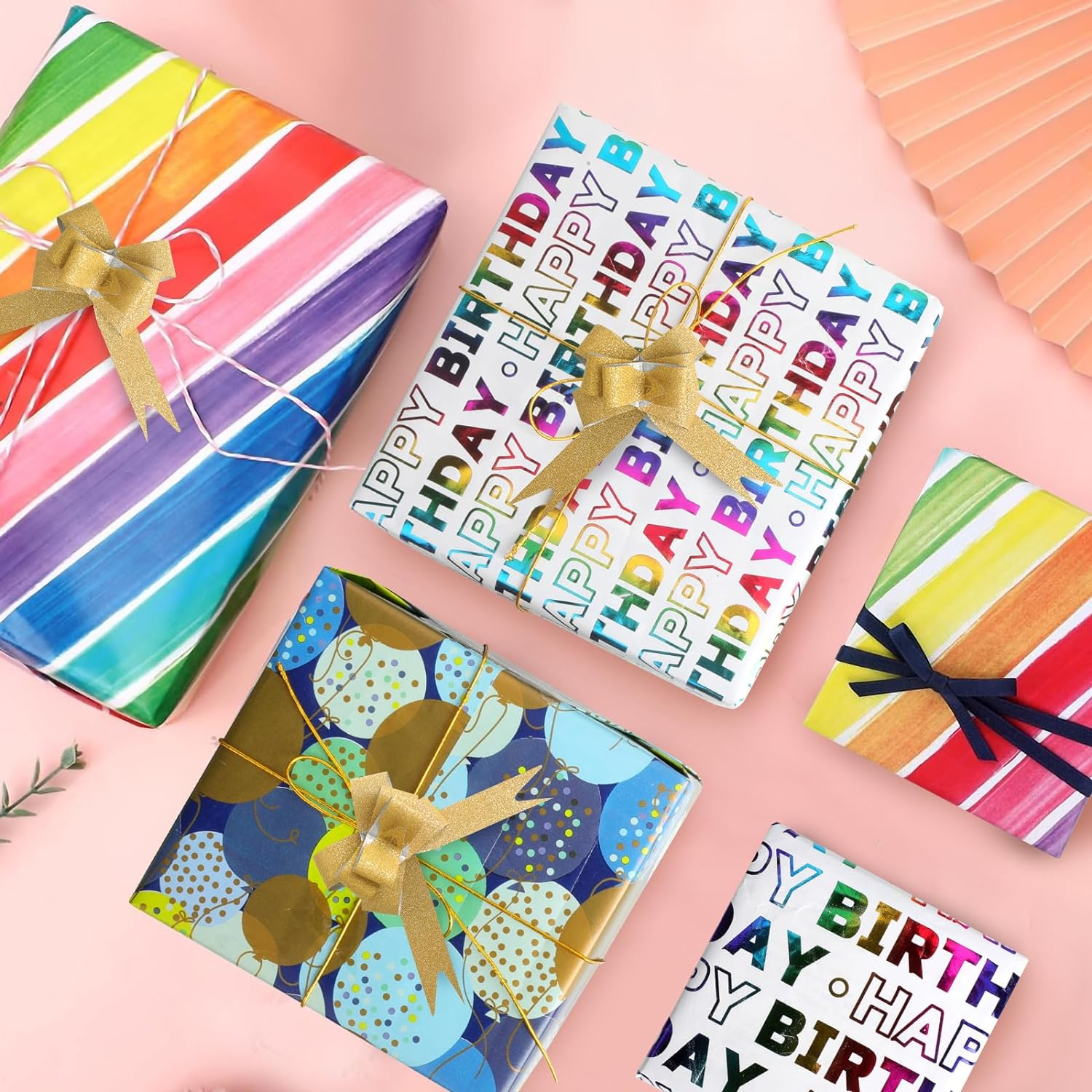 Oundarm 3 Mini Roll 43X300Cm Birthday Gift Wrapping Paper Set, 17" X 10 Ft Wrapping Paper Roll with 10 Pcs Pull Bows ＆ Elastic Rope, Gift DIY Wrapping Paper for Kids Birthday image number 6