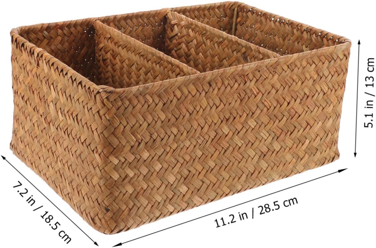 Hohopeti 3-Compartment Straw Woven Storage Basket, 28.5 X 18.5 X 13Cm, Natural Seagrass Organizer for Bathroom and Kitchen Counter, Divided Long Basket for Toiletries and Household Items image number 3