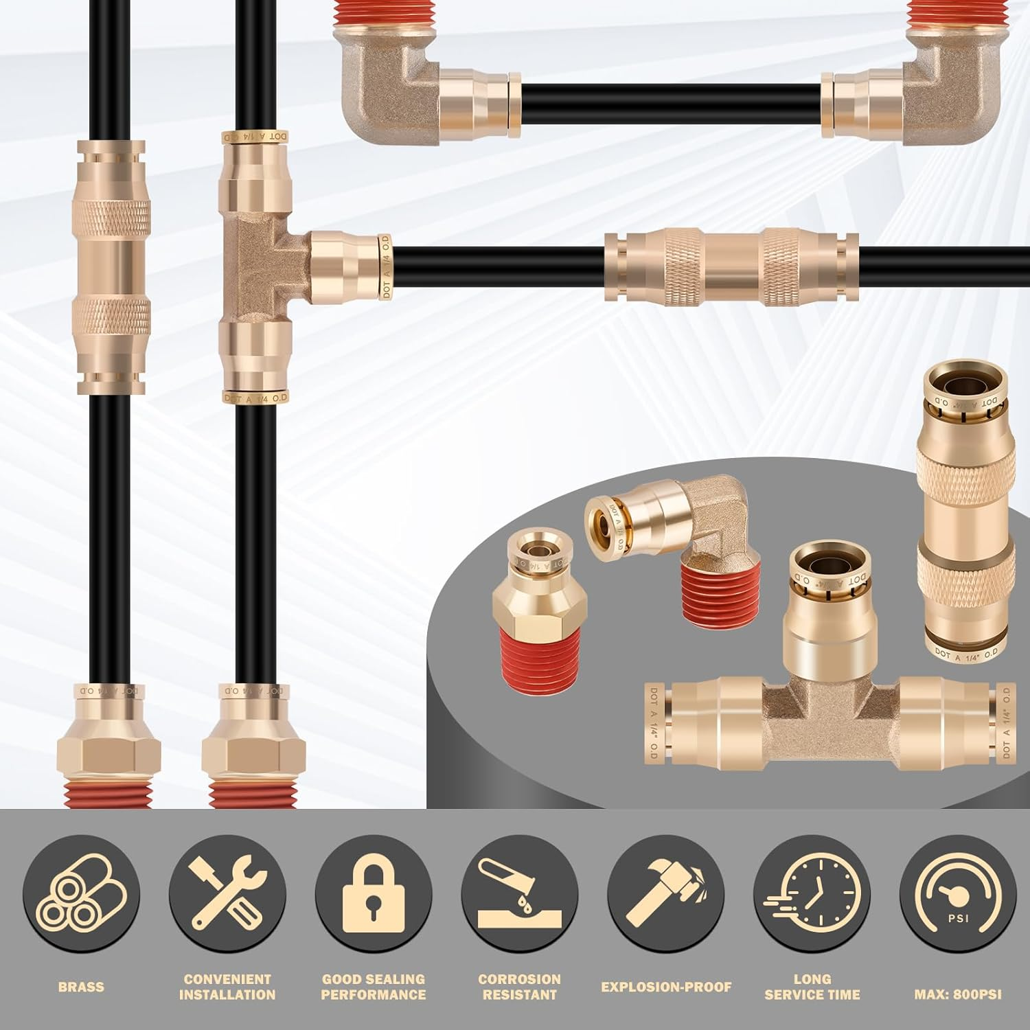 Cheemuii 12 Pcs 1/4 Brass DOT Air Fittings with 50 FT 1/4" DOT Air Line Kit 15 Meter Pneumatic Tubing with DOT Air Fittings for Semi Truck Trailer or Industrial Air System image number 5