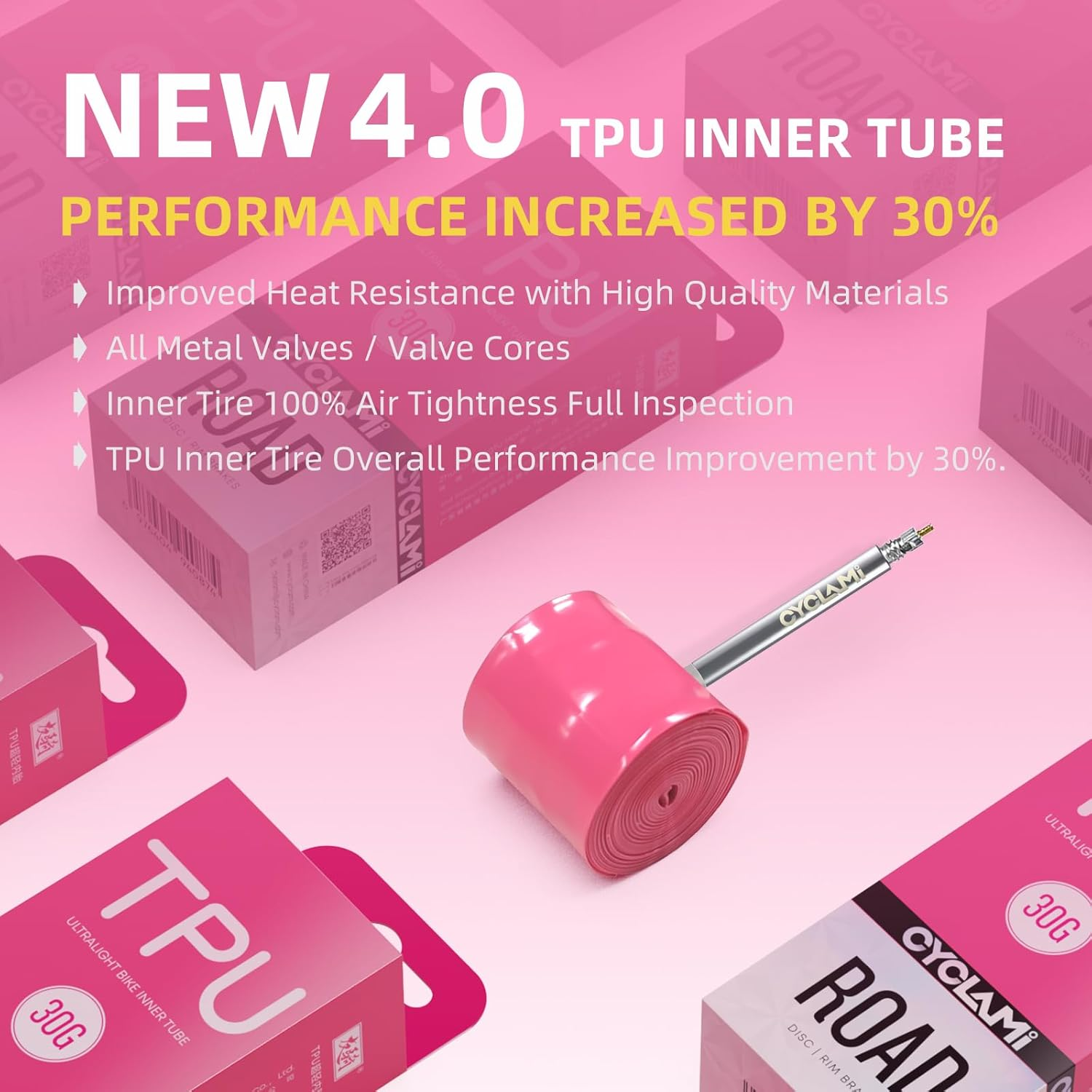 CYCLAMI TPU Inner Tube 700C Ultralight 30G Road Bike Tube Compatible with 700X18-32C Metal Presta Valve 45/65/85Mm (With a Multi-Functional Tire Pry Bar) image number 2