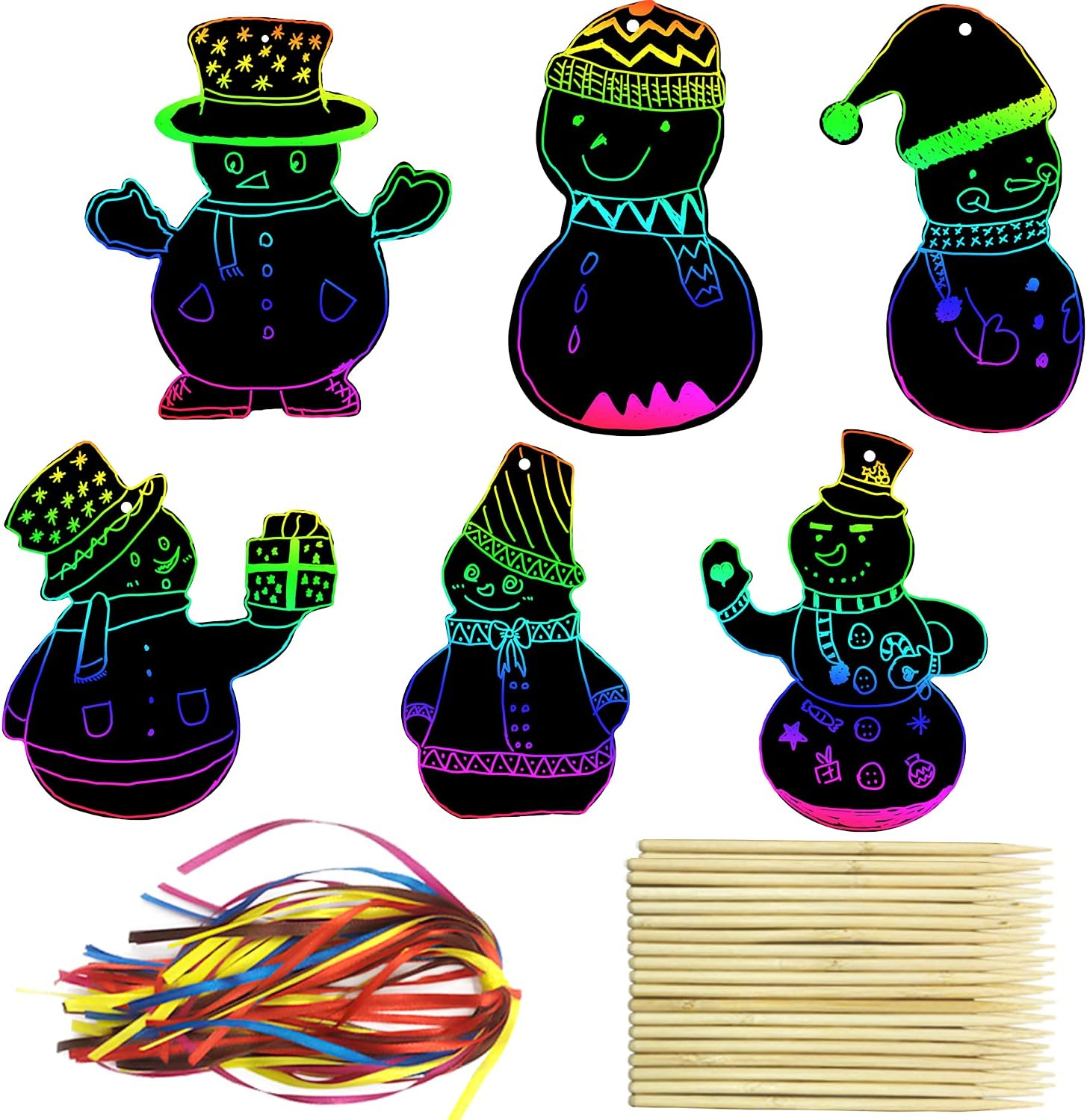96Pcs Christmas Tree Scratch Art Kit - Rainbow Color Scratch Ornaments - Hanging Craft Art Kits with Wooden Stick and Ribbon - for Kids Christmas Winter Party Favors