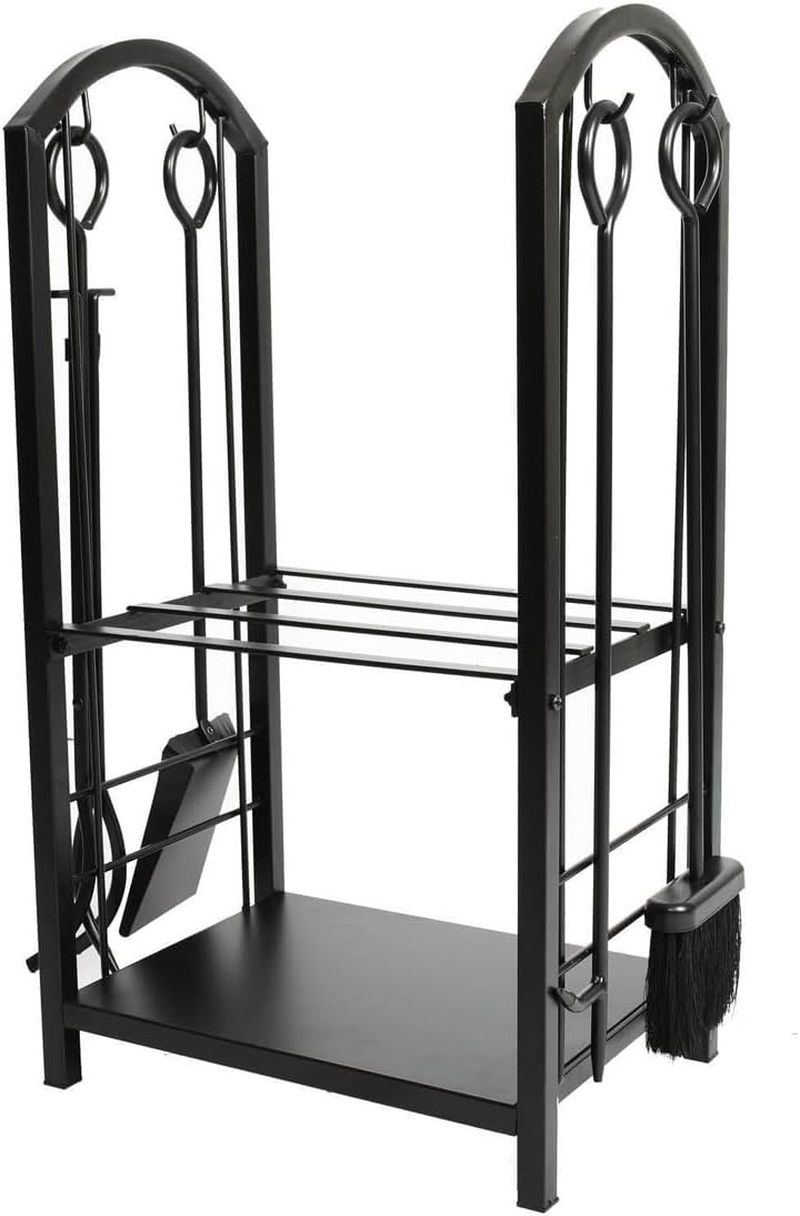 Firewood Rack with 4 Tools Set - Heavy Duty Steel Log Holder Includes Poker, Brush, Shovel & Tongs | Rust-Resistant Indoor/Outdoor Use (73Cm X 30Cm X 45Cm)