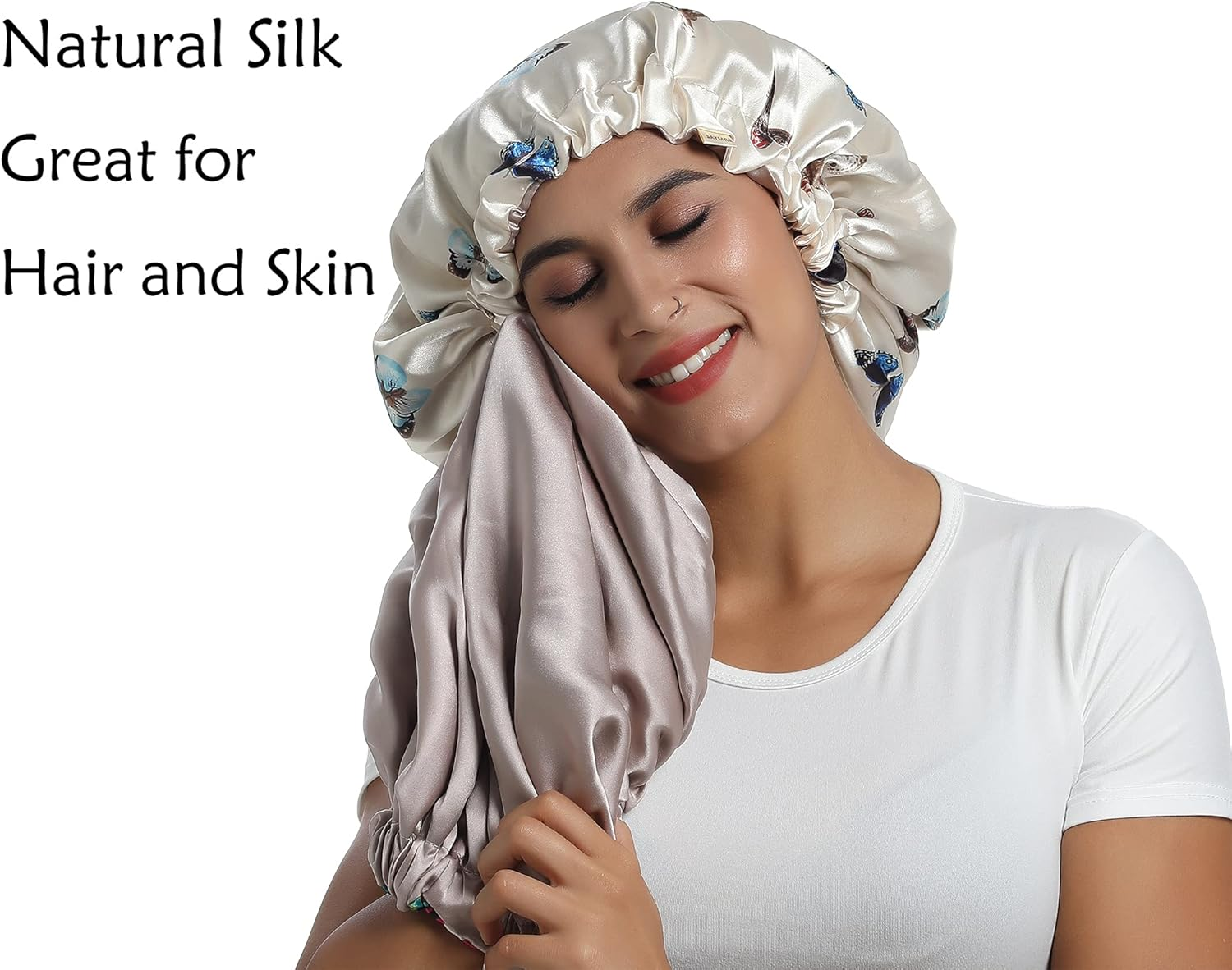 SAYMRE 100% Mulberry Silk Lined Bonnet Adjustable Satin Sleep Cap 19 Momme Silk Bonnet for Women Curly,Long Hair Care image number 3