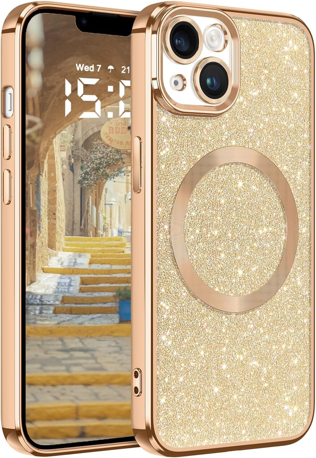 Glitter for Iphone 15 Case, Cute Bling Phone Case Iphone 15 6.1" [Compatible with Magsafe] Luxury Sparkle Shockproof Slim Full Body Protective Phone Cases Covers for Women and Girls, Pink