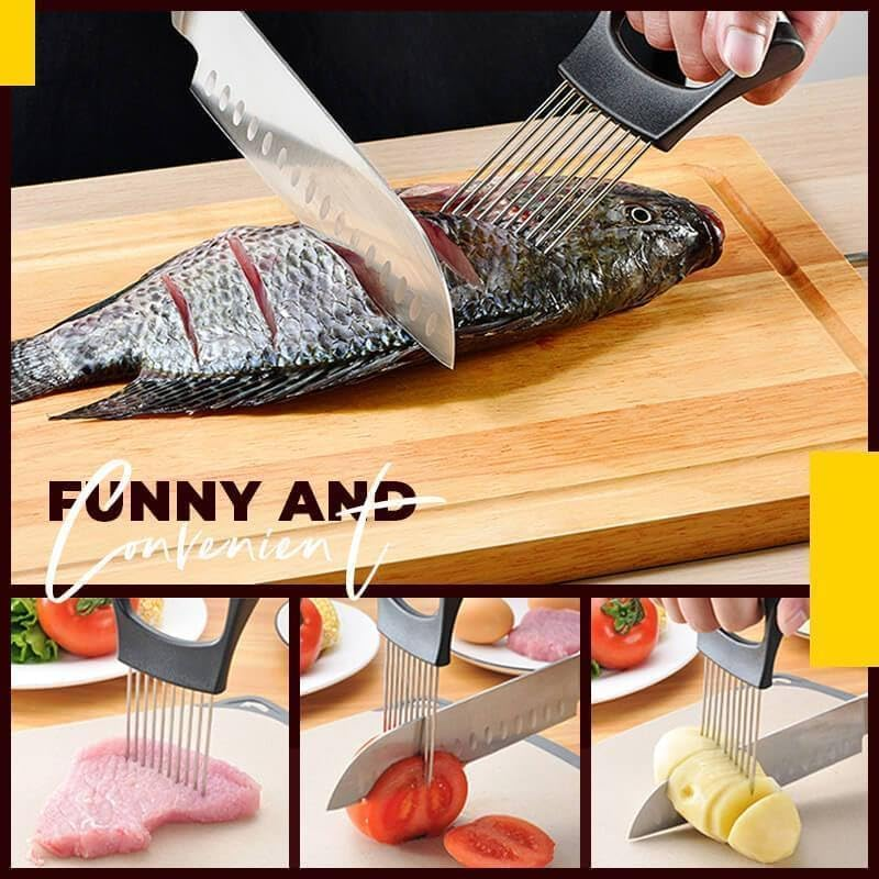 Onion Slice Holder, 2024 New Stainless Steel Onion Holder for Slicing, Chopper Slicing Assistant Tool, Cutter for Slicing of Meat, Onion, Potato, Tomato Kitchen Gadgets (Black, 1 Pack)