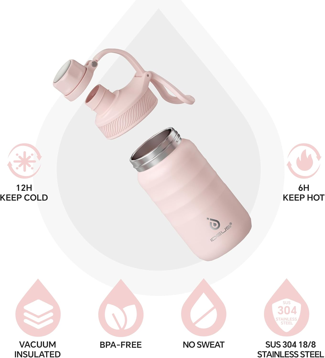 IDEUS Vacuum Insulated Water Bottle, Stainless Steel Double Wall Flask Metal Sports Canteen with Leak-Proof Straw Screw Cap (Light Pink, 12Oz (360Ml)) image number 3