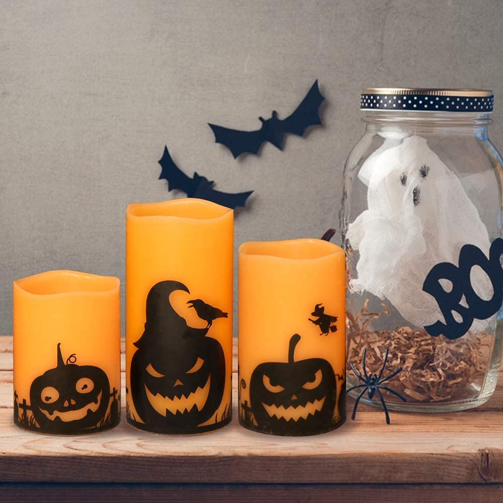 Eldnacele Halloween Flameless Candles, LED Flickering Battery Pillar Candles with 6H Timer and Pumpkin Decals, Spooky Fall Halloween Festival Party Decoration Set of 3 (D 3&rdquo; X H 4&rdquo; 5&rdquo; 6&rdquo;) image number 4